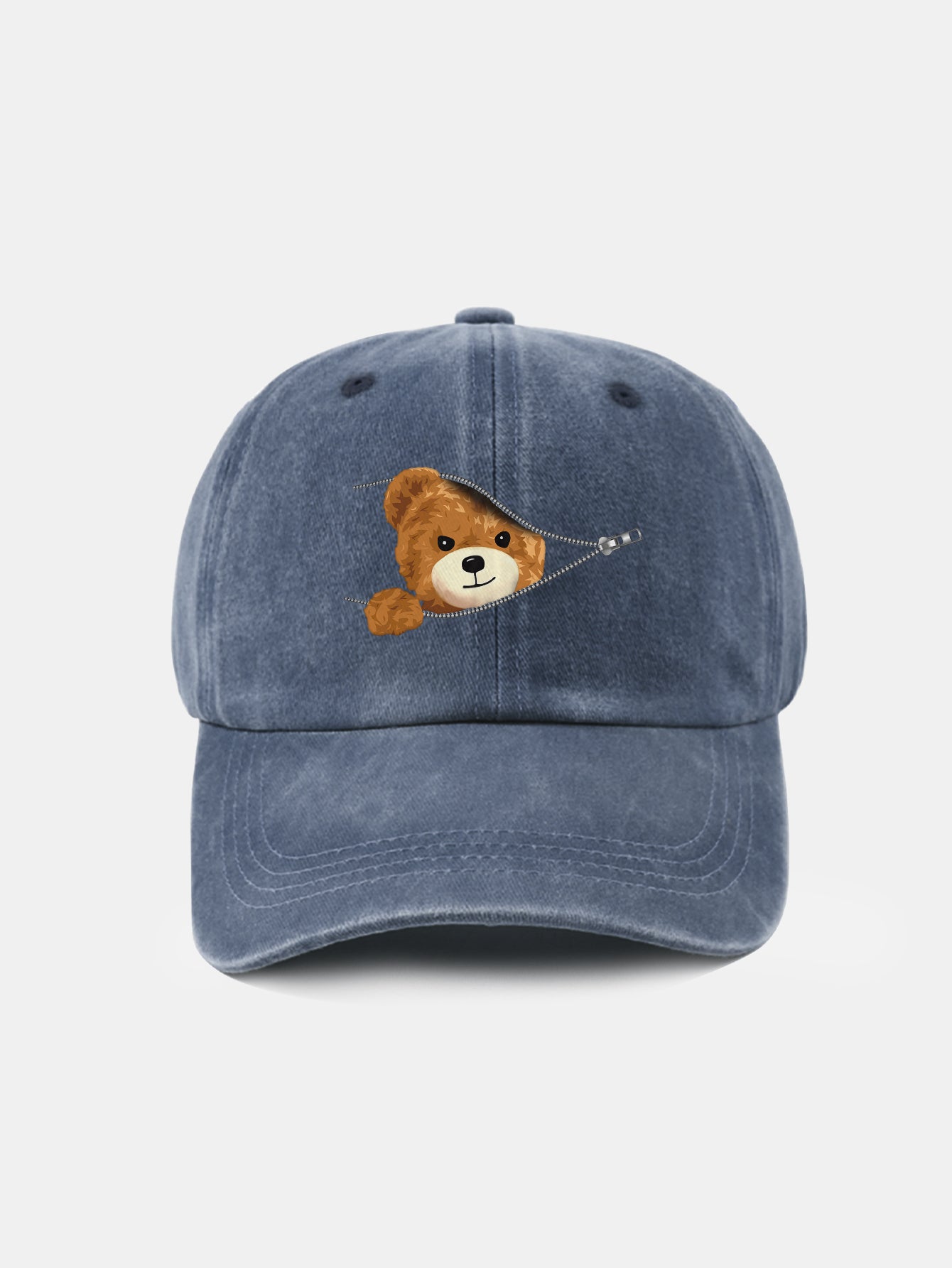 Zipper Bear Pattern Casual Washed Cotton Baseball Cap - Naturzy