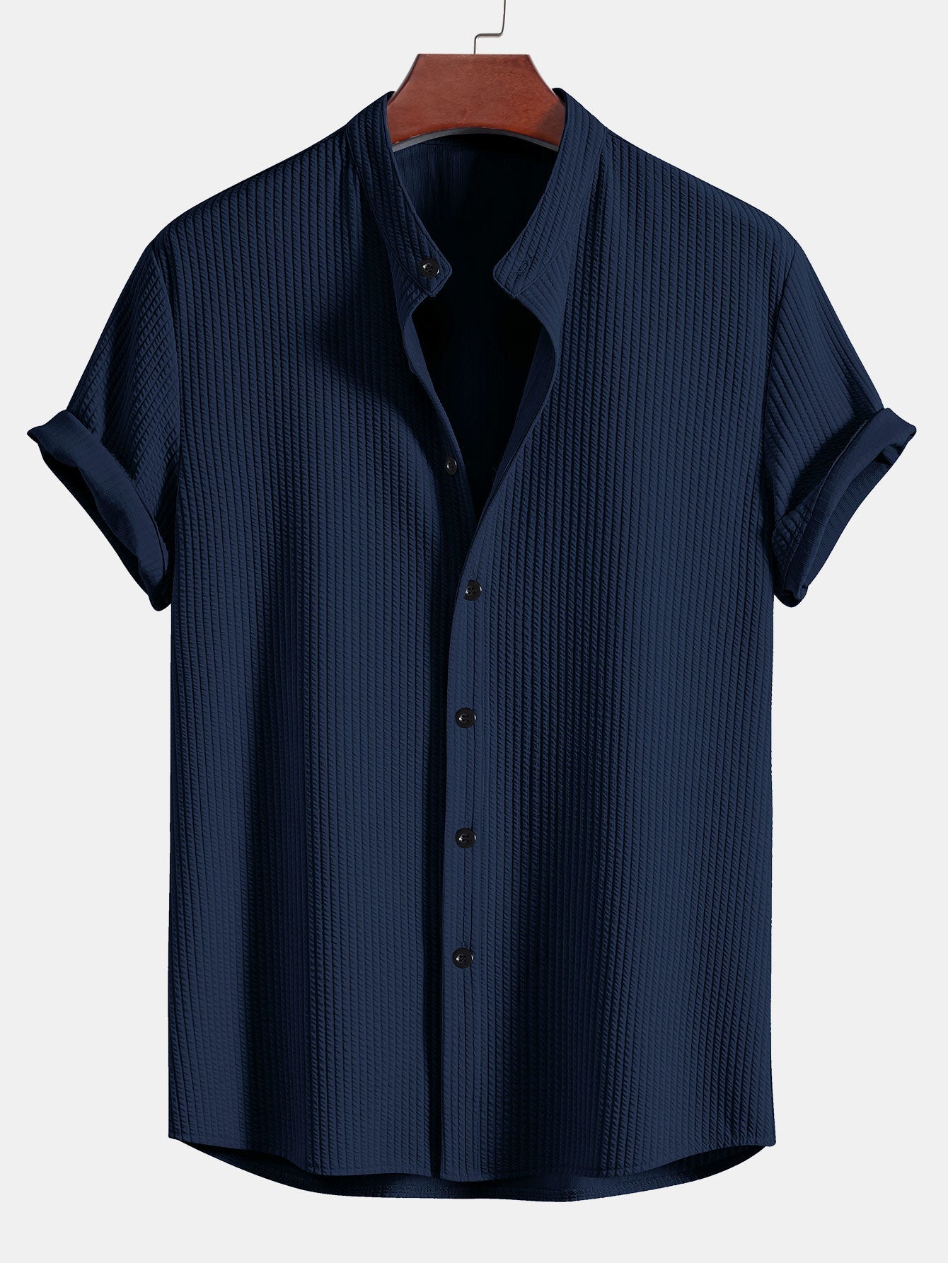 Muscle Fit Ribbed Stand Collar Shirt - Naturzy