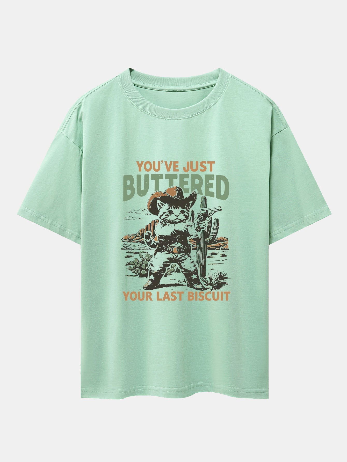 Cowboy Cat Print Drop Shoulder Oversize T-Shirt - Naturzy