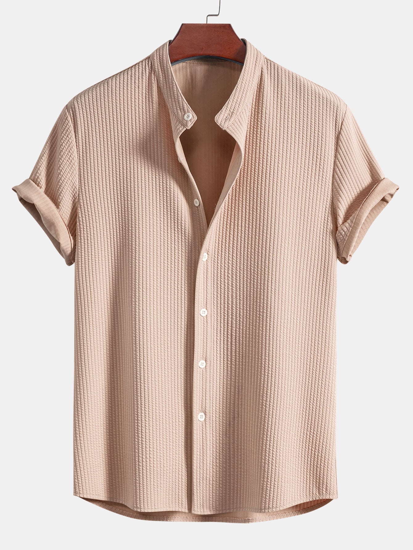 Muscle Fit Ribbed Stand Collar Shirt - Naturzy