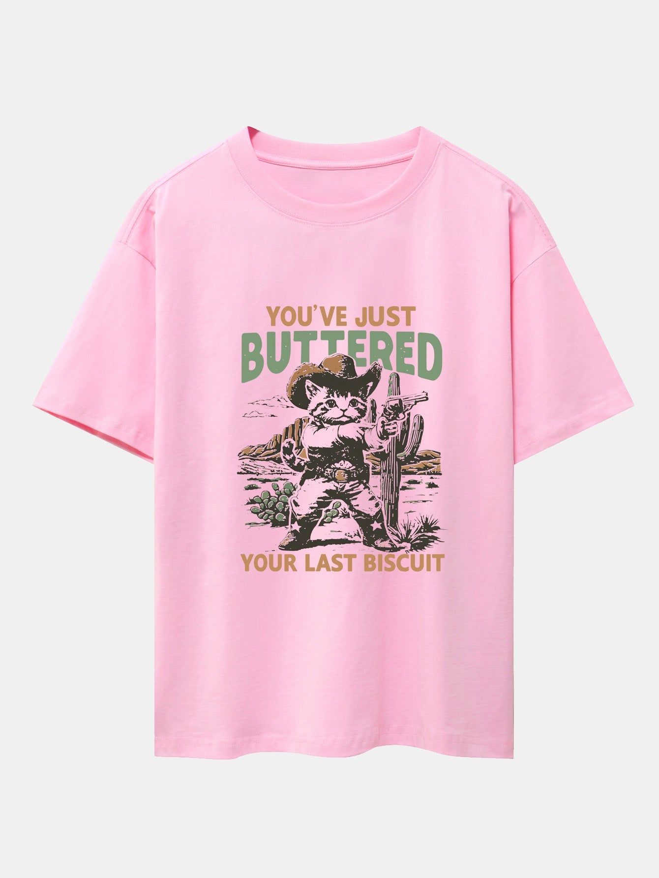 Cowboy Cat Print Drop Shoulder Oversize T-Shirt - Naturzy