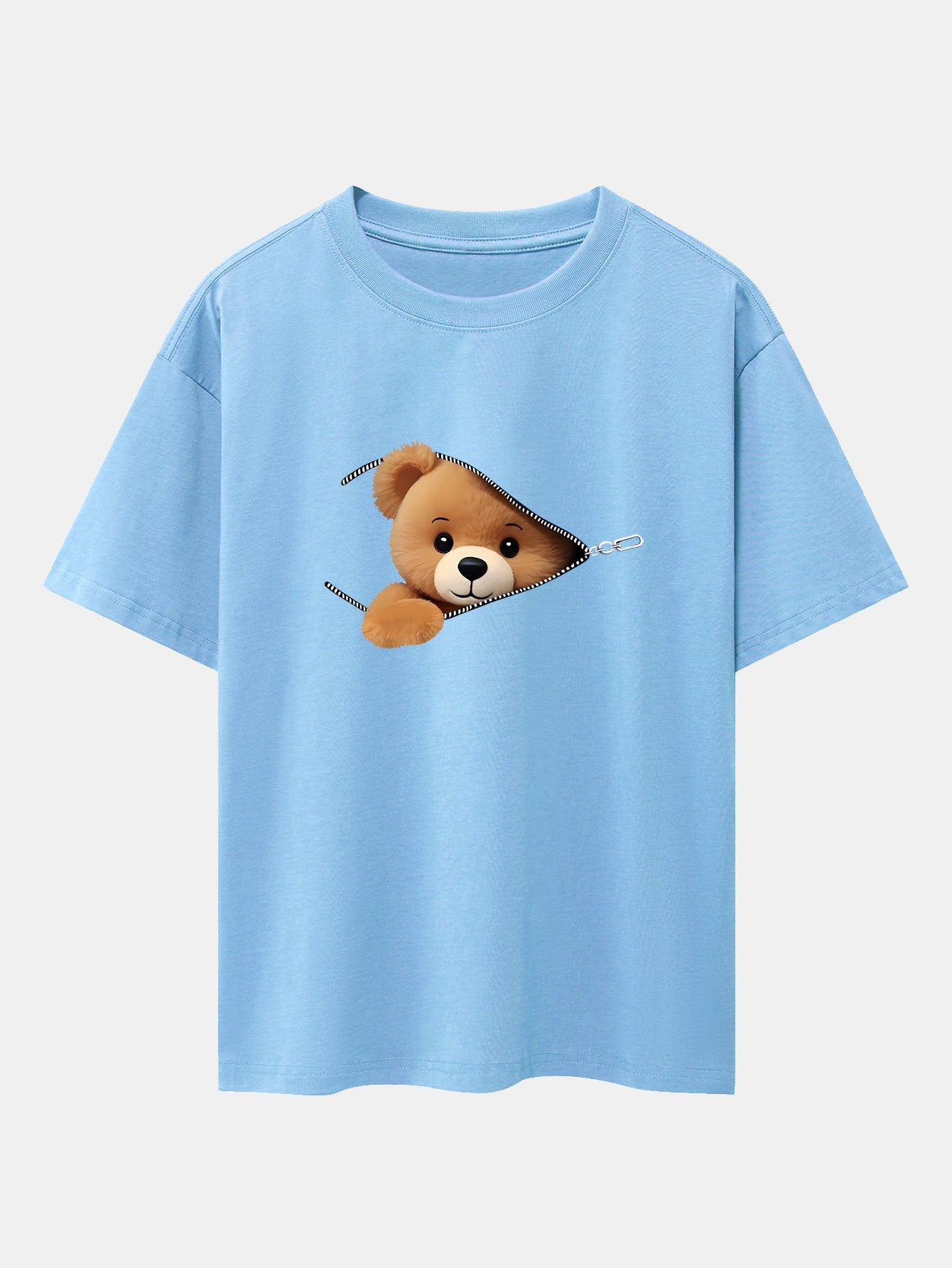 Zipper Bear Print Drop Shoulder Oversize T-Shirt - Naturzy