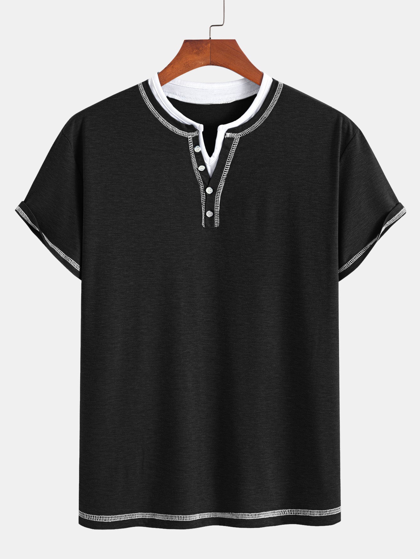 2-in-1 Notched Collar Contrast Stitching T-Shirt - Naturzy