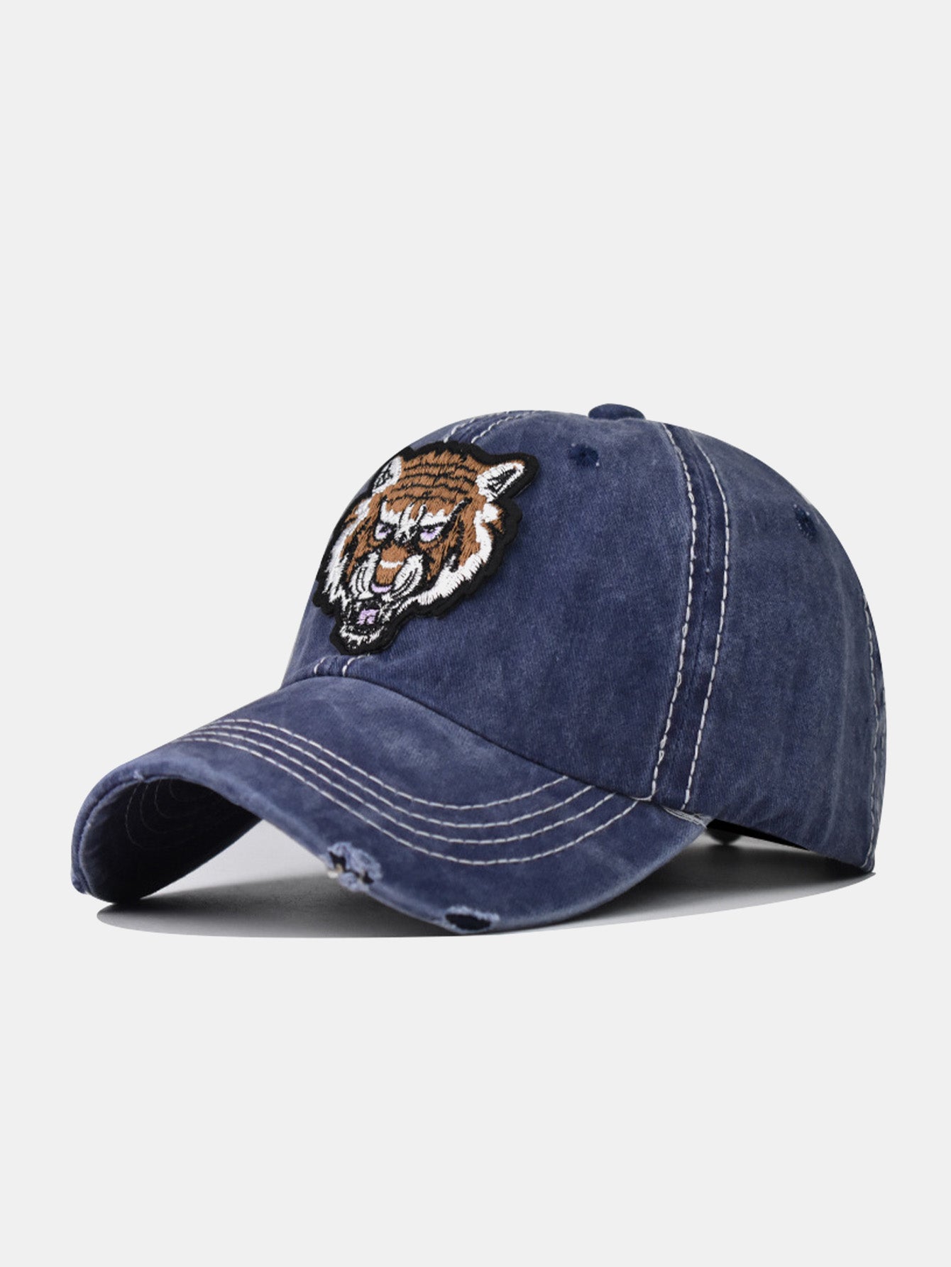 Street Fashion Tiger Embroidery Washed Distressed Baseball Cap - Naturzy