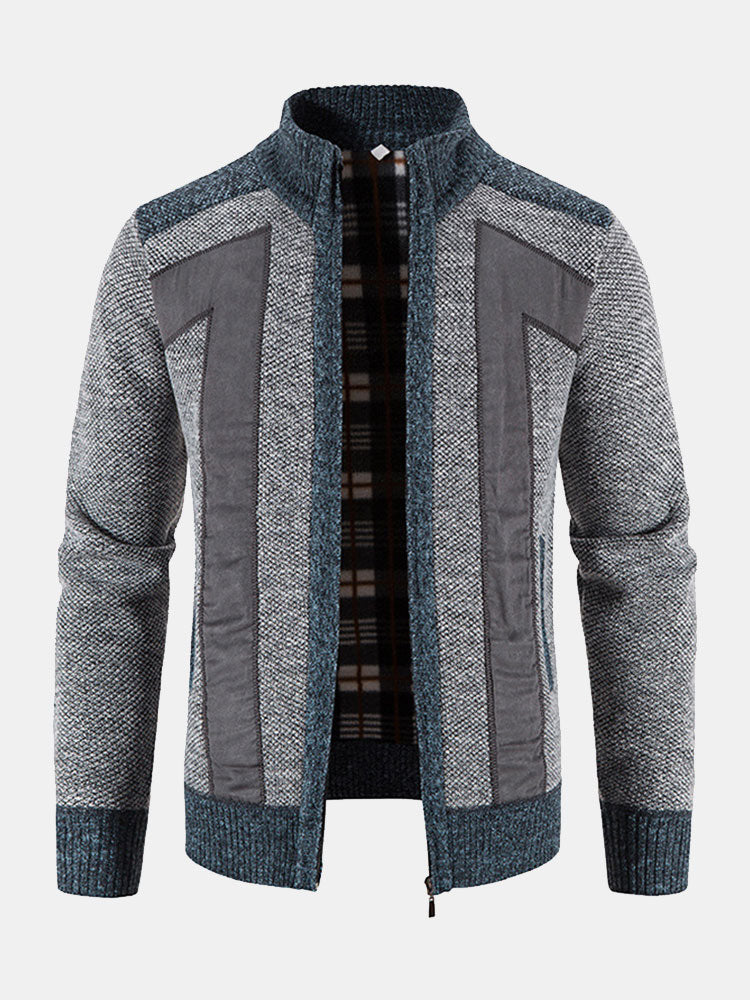 Zip Up Faux Suede Patchwork Sweater - Naturzy
