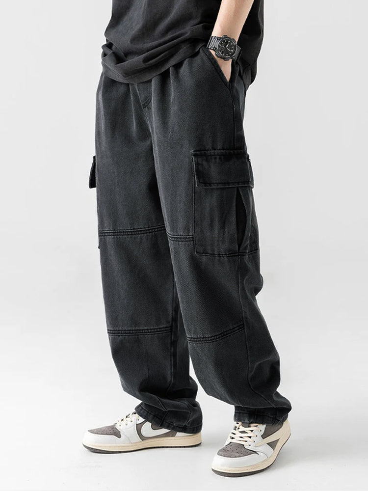 Elastic Waist Relax Fit Straight Leg Cargo Jeans - Naturzy