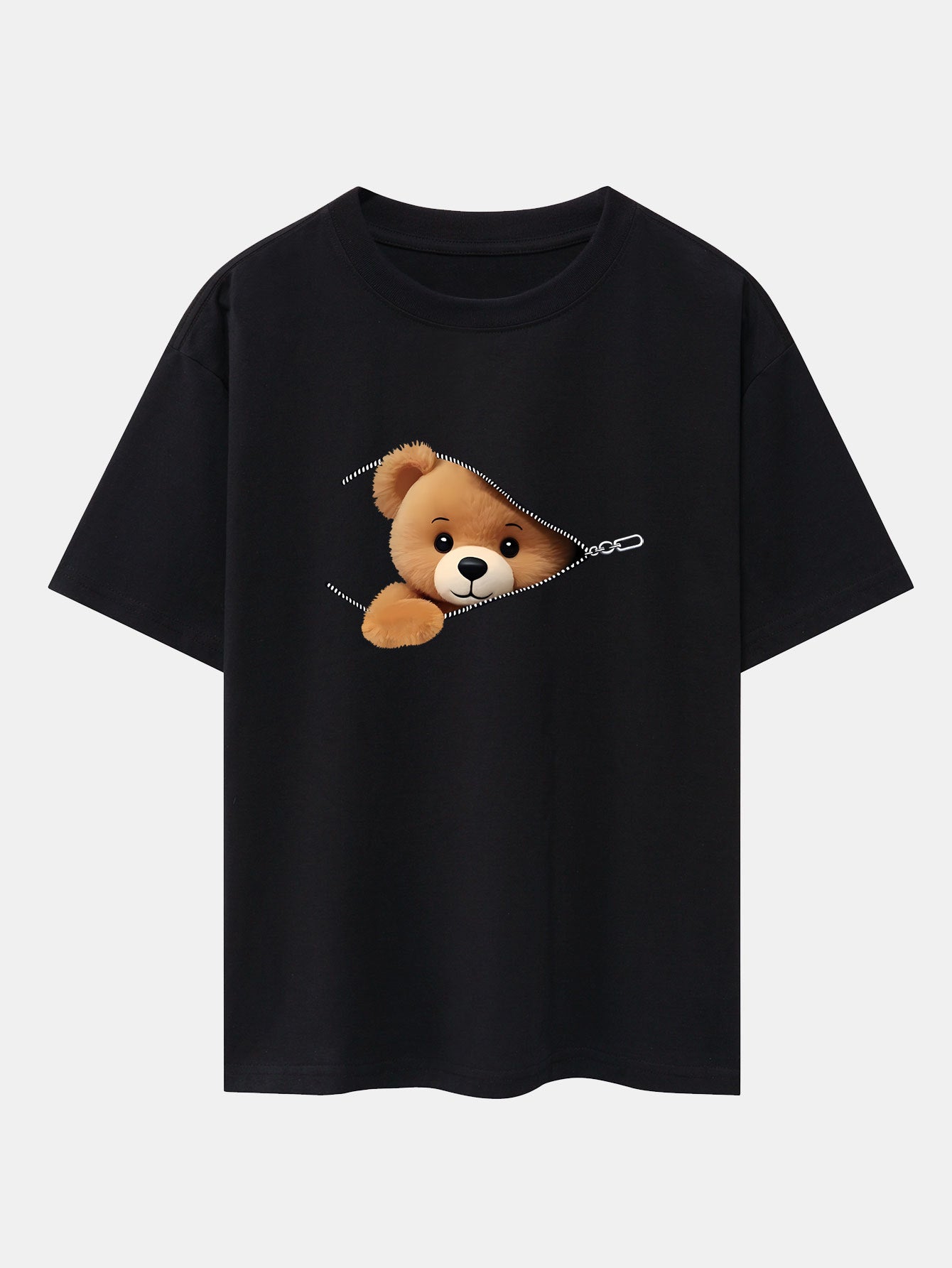 Zipper Bear Print Drop Shoulder Oversize T-Shirt - Naturzy