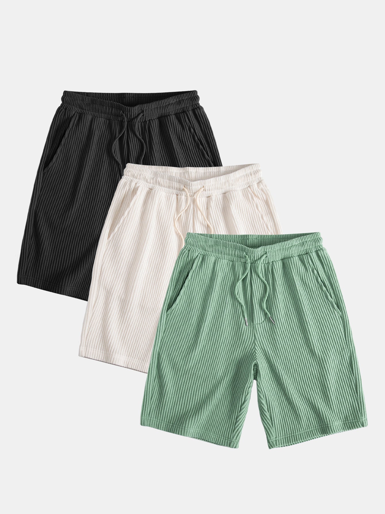 3 Pieces Drawstring Knitted Waffle Shorts - Naturzy