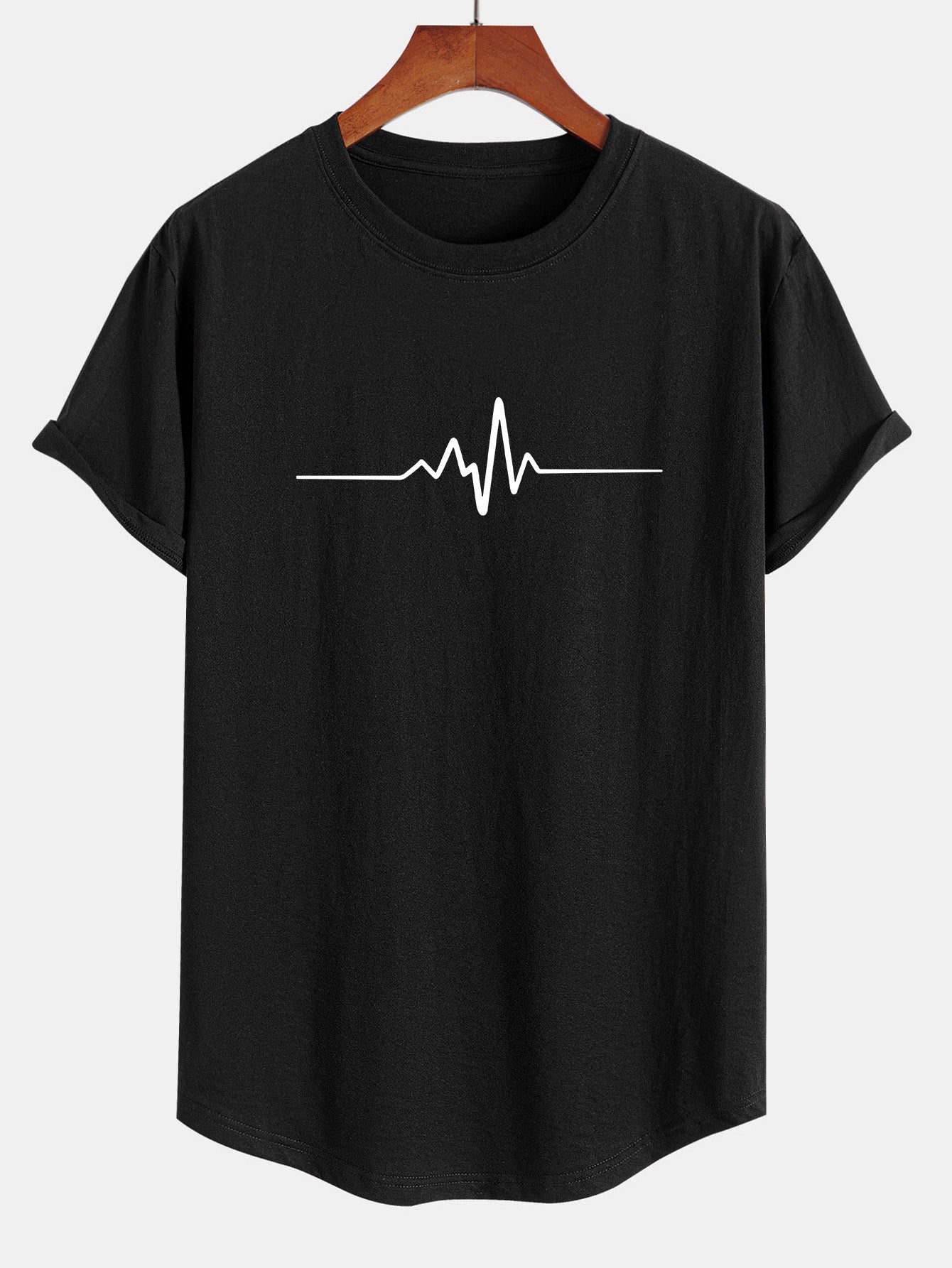 Heartbeat Flatline Print Cotton Arc Hem T-Shirt - Naturzy