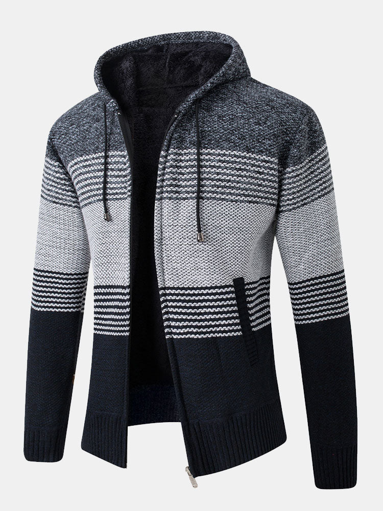 Zip Up Striped Hooded Sweater - Naturzy