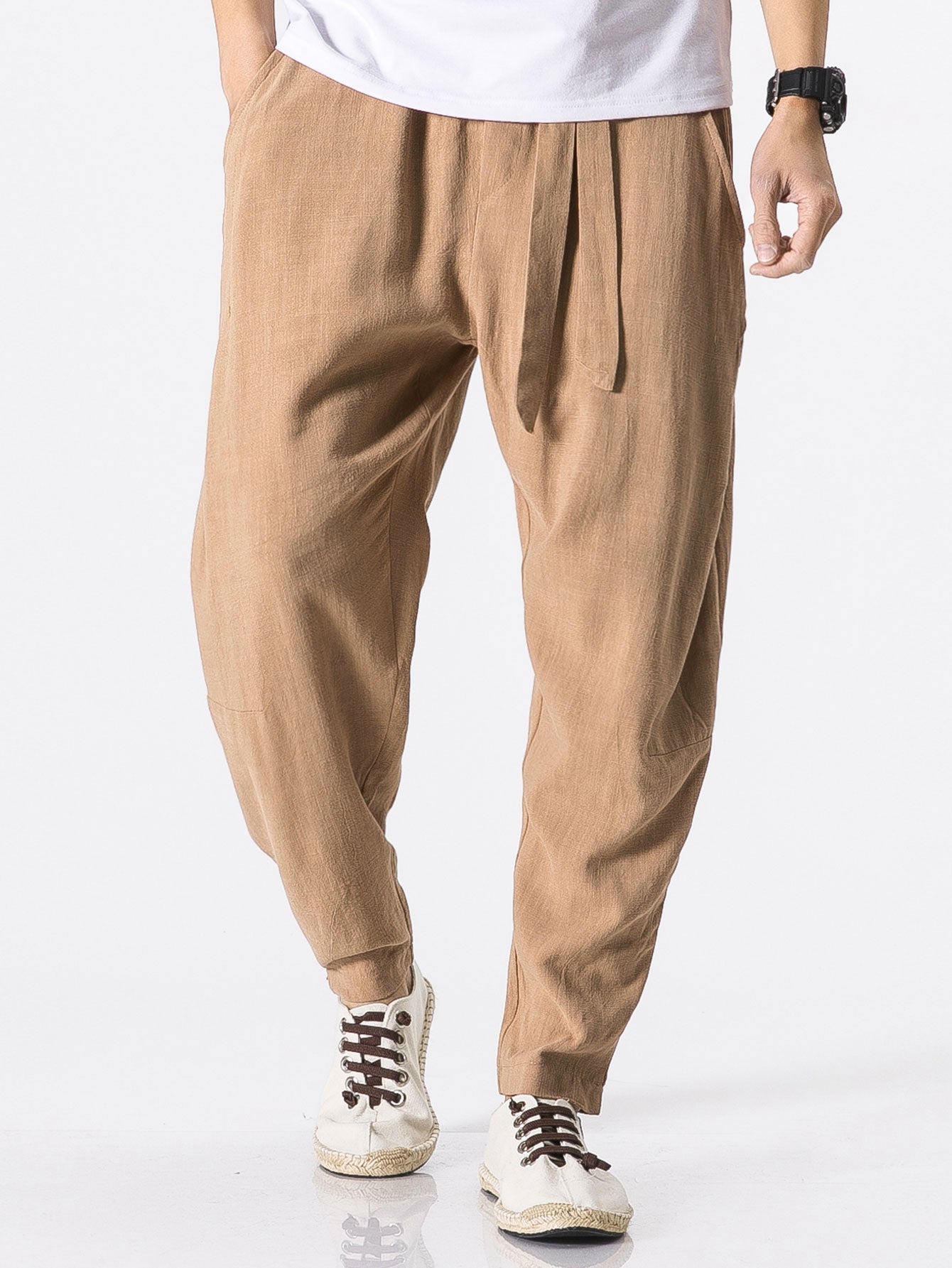 Detachable Belt Relax Fit Linen And Cotton Blend Harem Pants - Naturzy