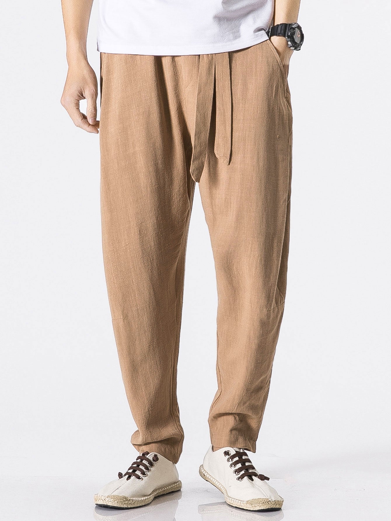 Detachable Belt Relax Fit Linen And Cotton Blend Harem Pants - Naturzy
