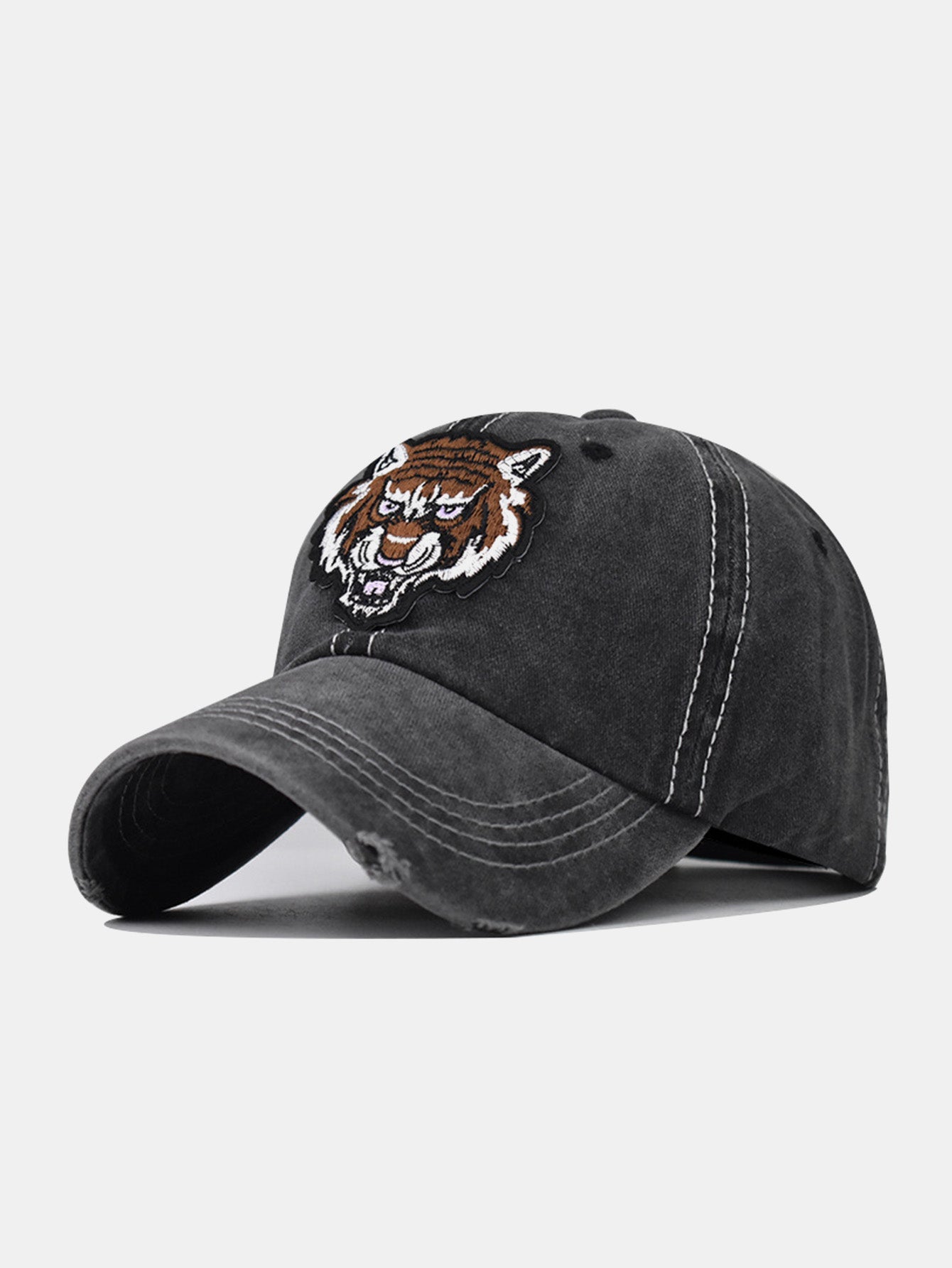 Street Fashion Tiger Embroidery Washed Distressed Baseball Cap - Naturzy