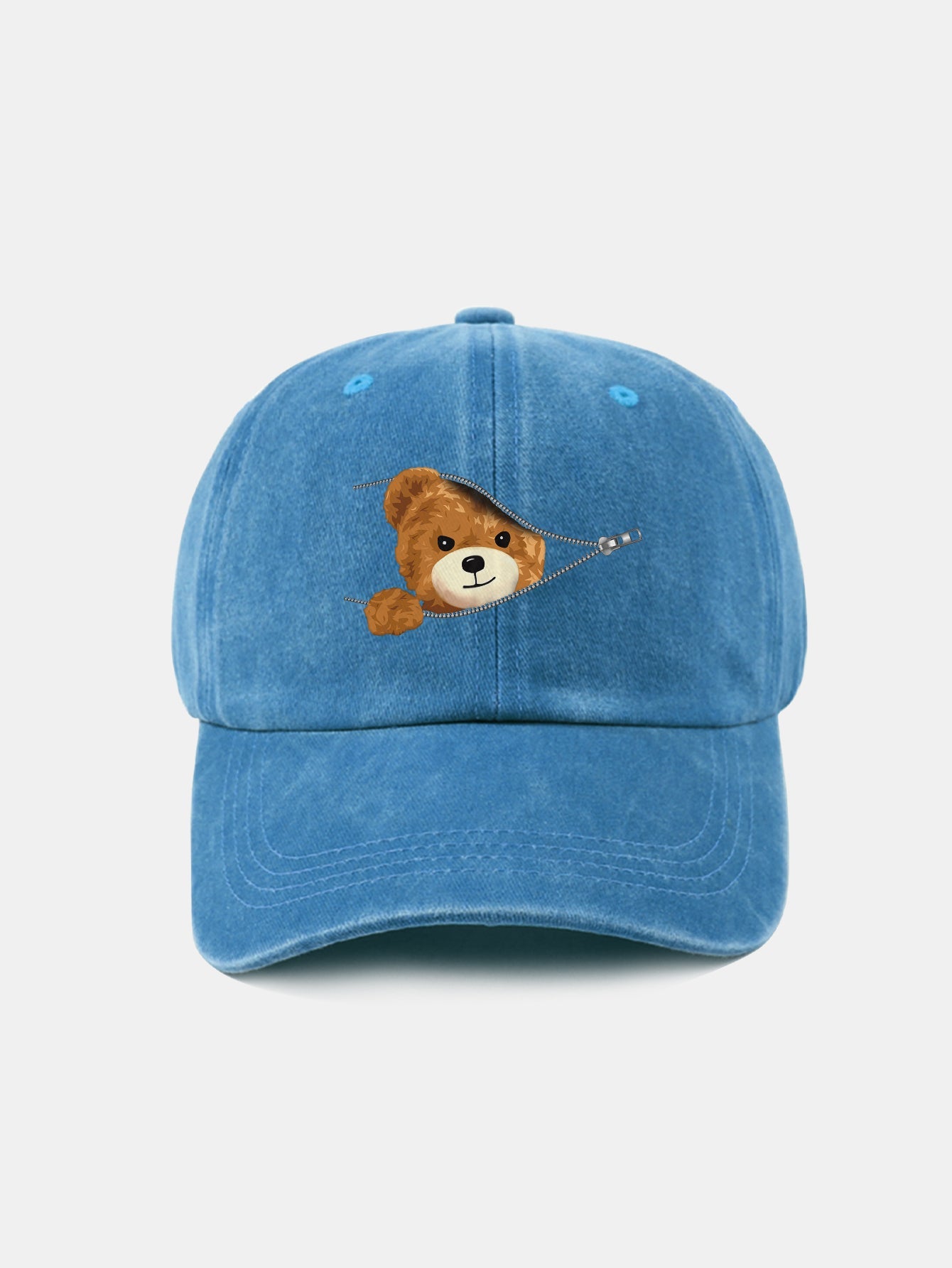 Zipper Bear Pattern Casual Washed Cotton Baseball Cap - Naturzy