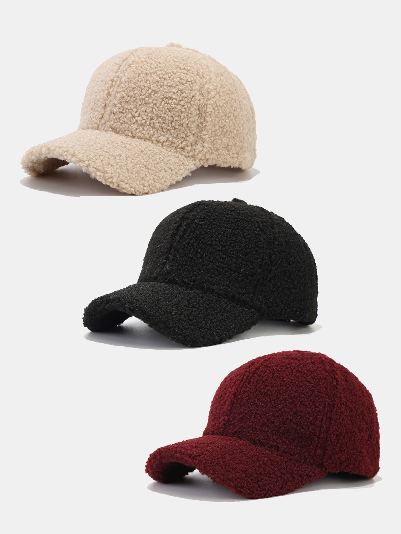 3 Pieces Solid Color Plush Warm Baseball Cap - Naturzy