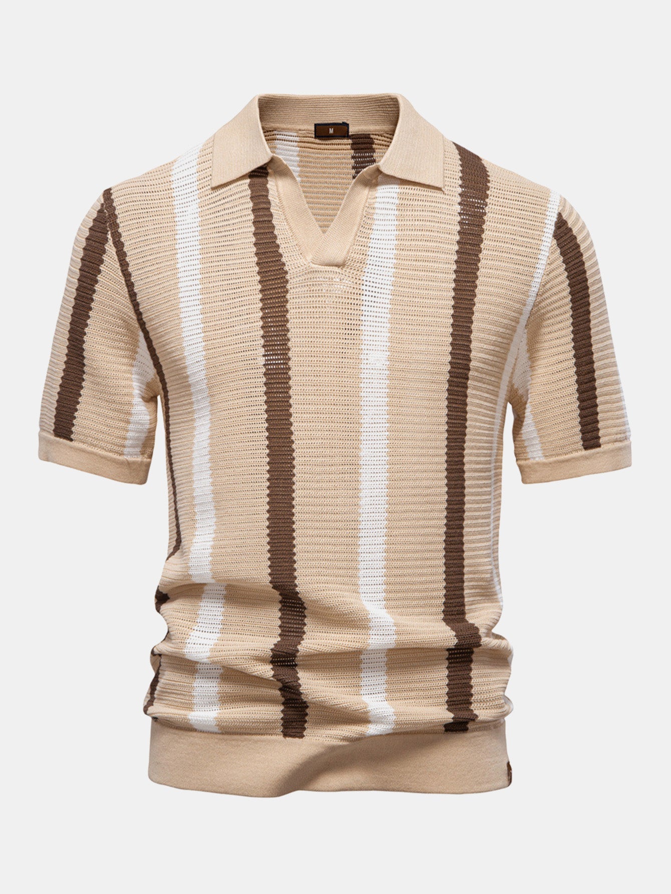 Stripe Knit V Neck Polo Shirt - Naturzy