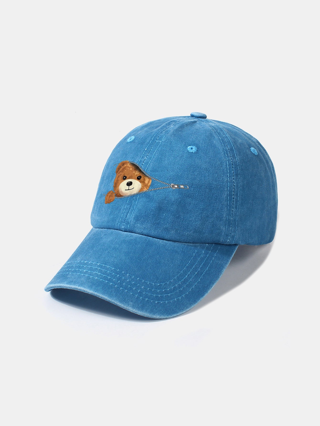 Zipper Bear Pattern Casual Washed Cotton Baseball Cap - Naturzy