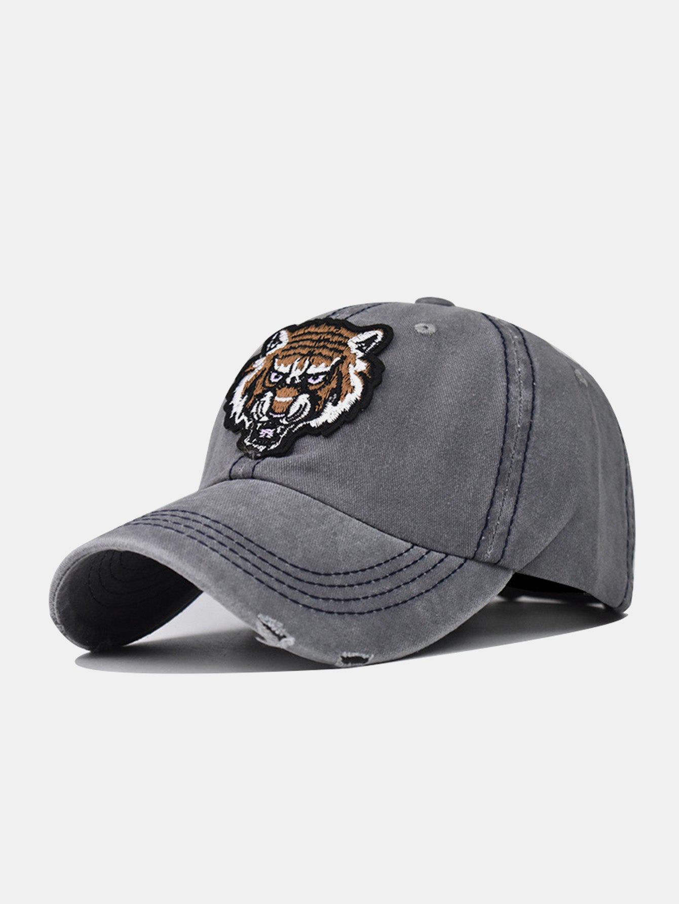 Street Fashion Tiger Embroidery Washed Distressed Baseball Cap - Naturzy