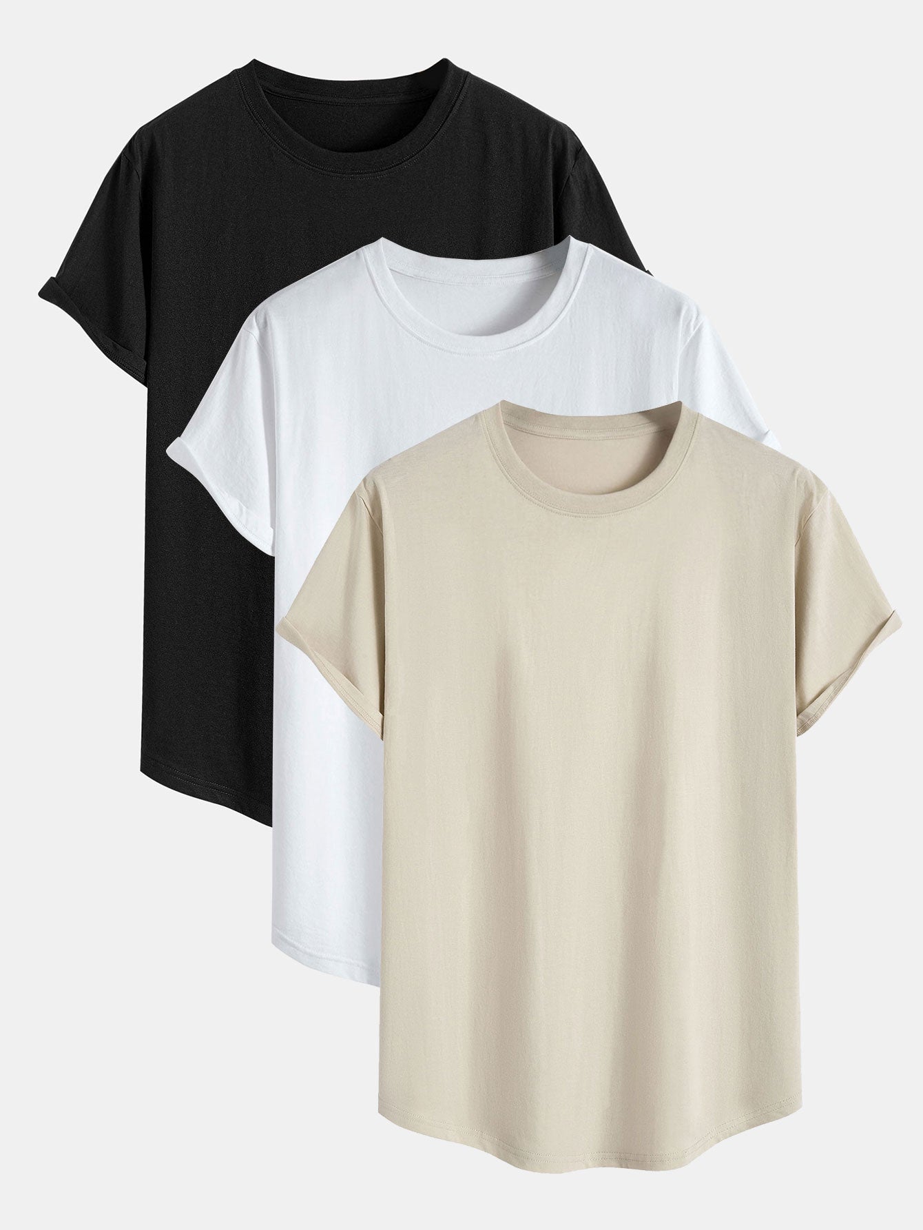3 Pieces Basic Cotton Arc Hem T-Shirts - Naturzy