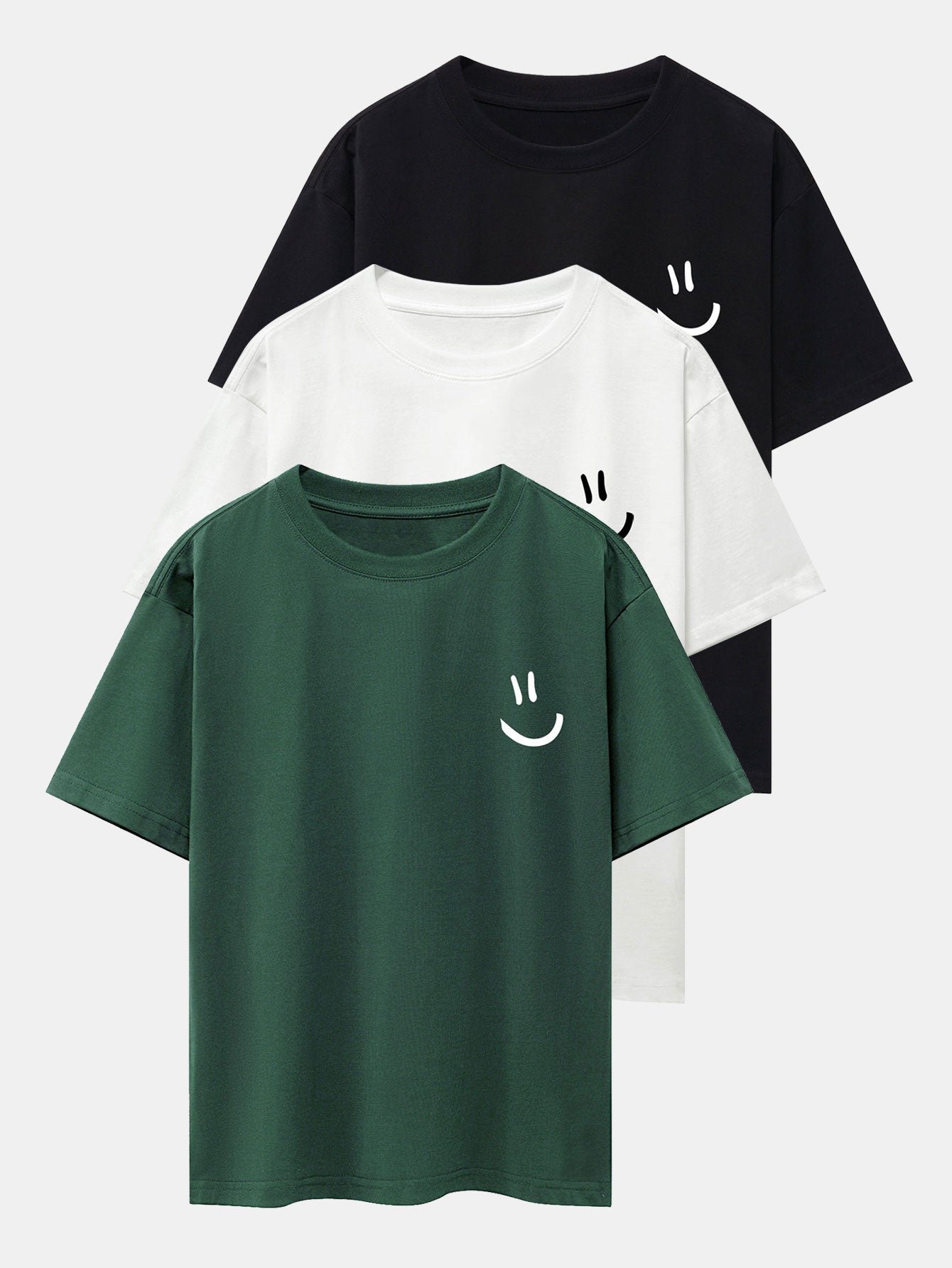 3 Pieces Smiley Face Print Drop Shoulder Oversize T-Shirts - Naturzy