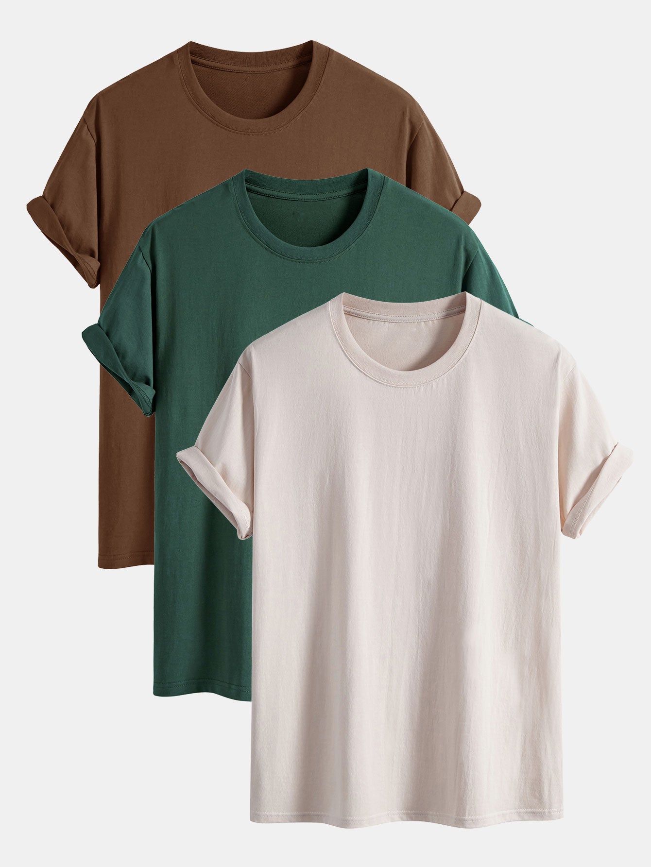 3 Pieces Basic Regular Fit Cotton T-Shirts - Naturzy