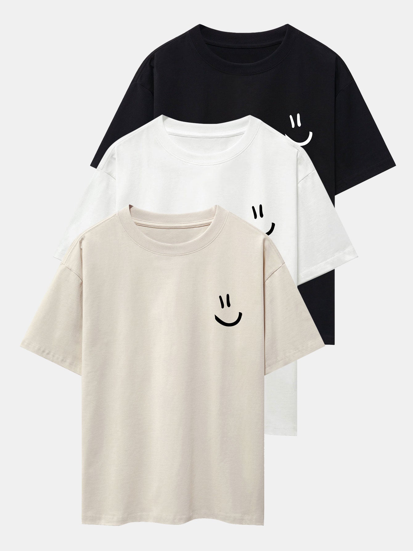 3 Pieces Smiley Face Print Drop Shoulder Oversize T-Shirts - Naturzy