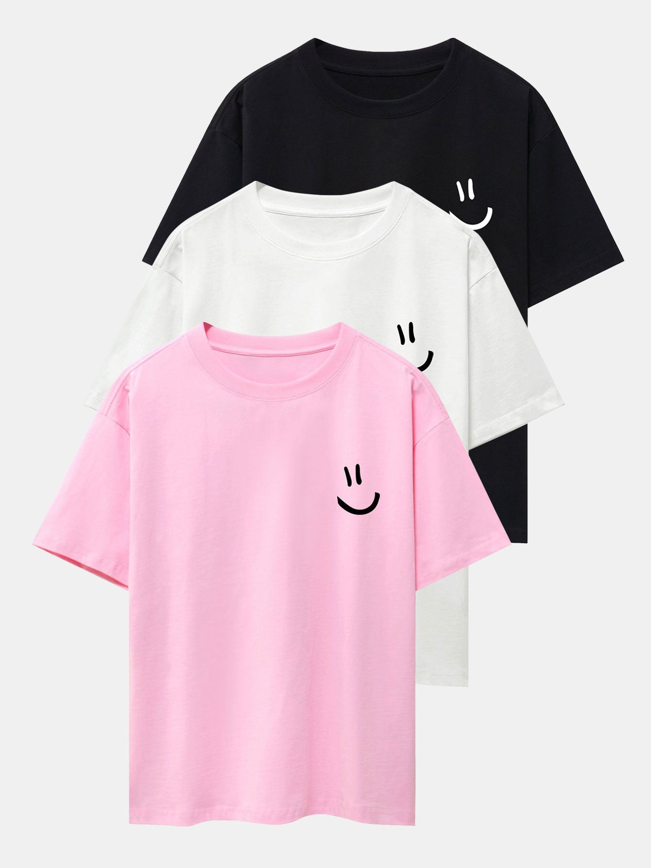 3 Pieces Smiley Face Print Drop Shoulder Oversize T-Shirts - Naturzy