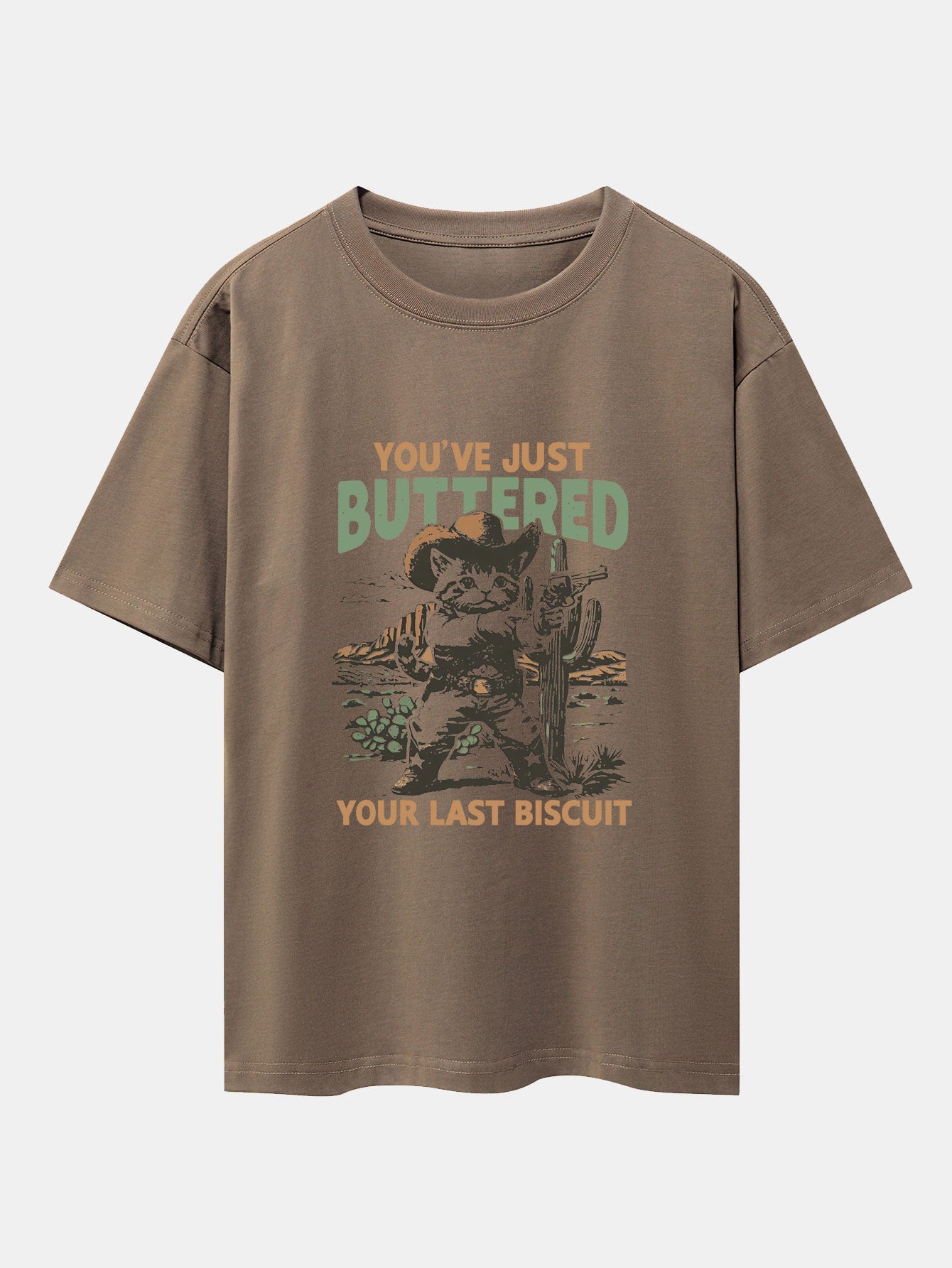 Cowboy Cat Print Drop Shoulder Oversize T-Shirt - Naturzy