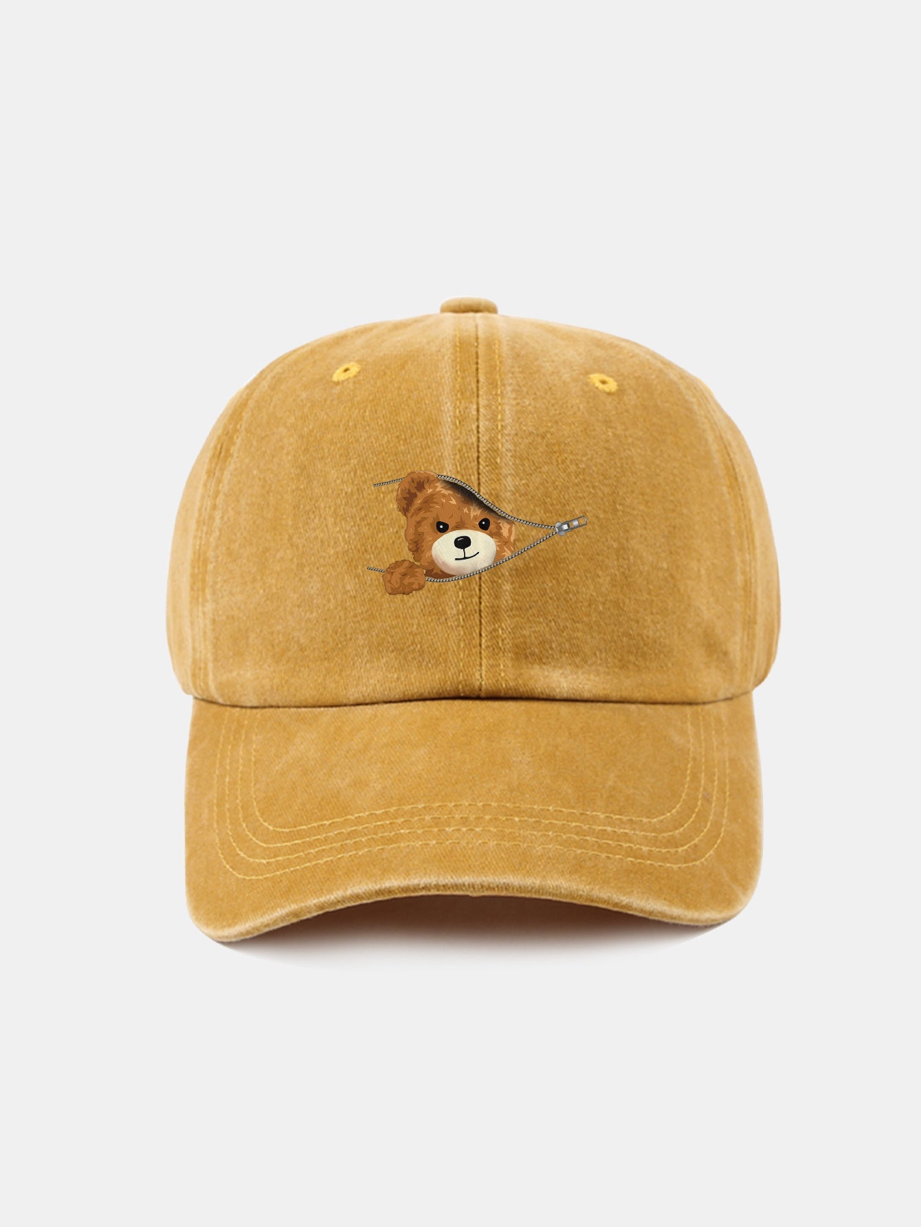 Zipper Bear Pattern Casual Washed Cotton Baseball Cap - Naturzy