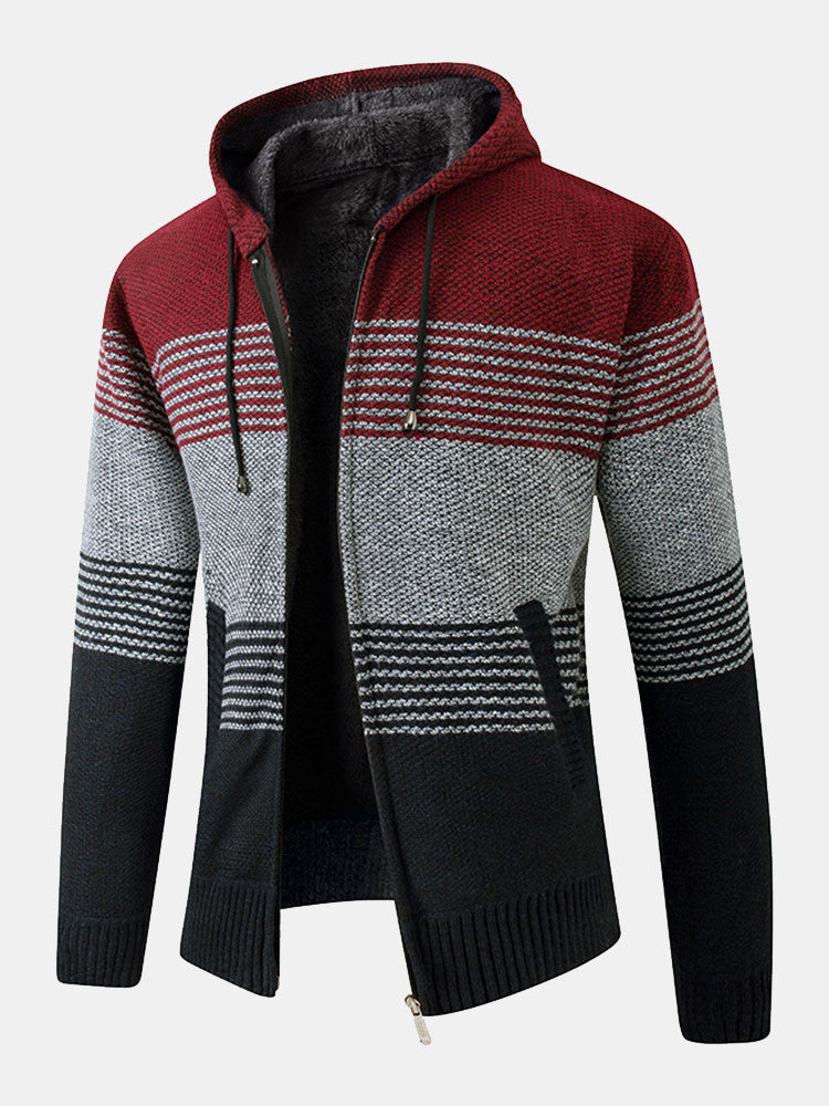 Zip Up Striped Hooded Sweater - Naturzy