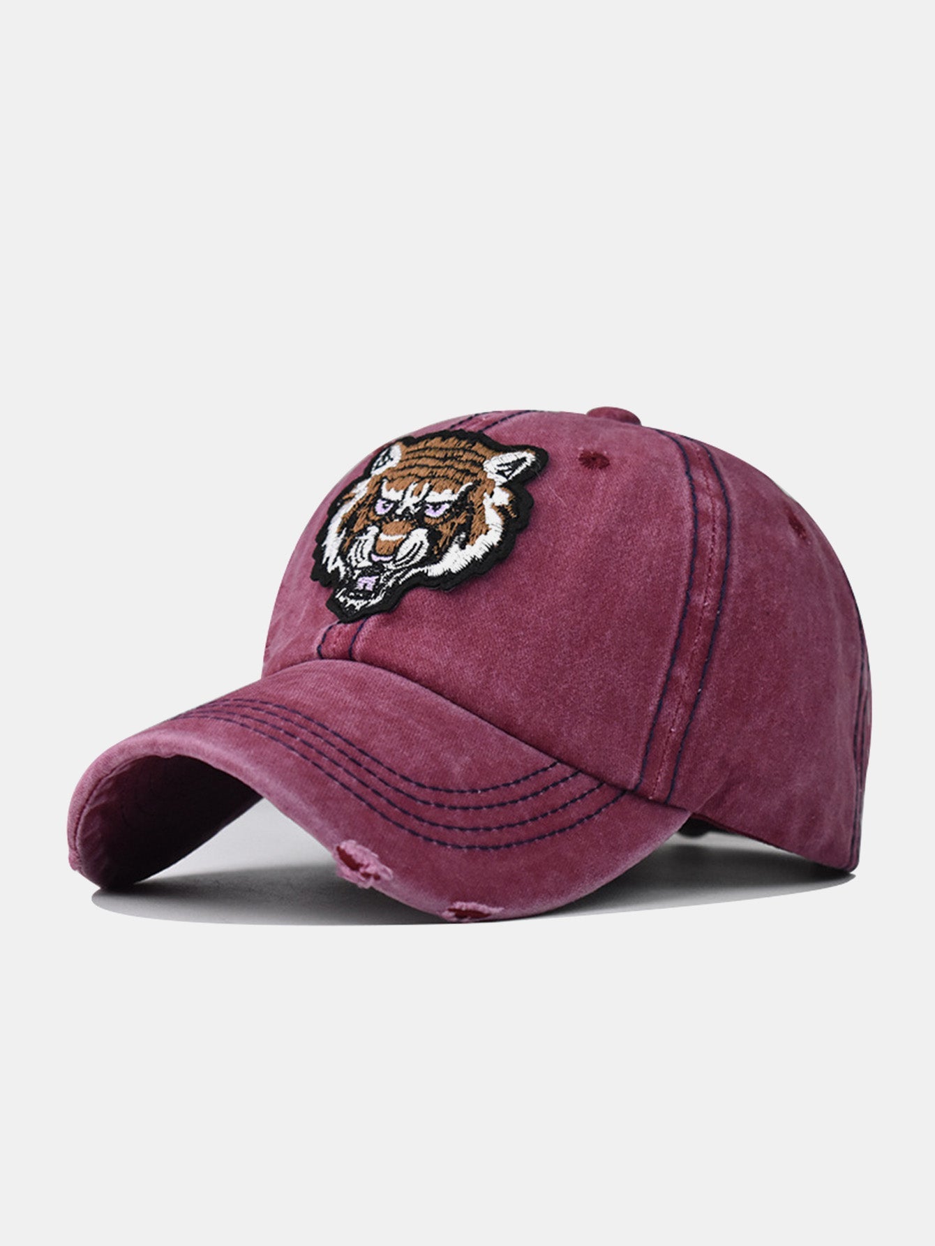Street Fashion Tiger Embroidery Washed Distressed Baseball Cap - Naturzy