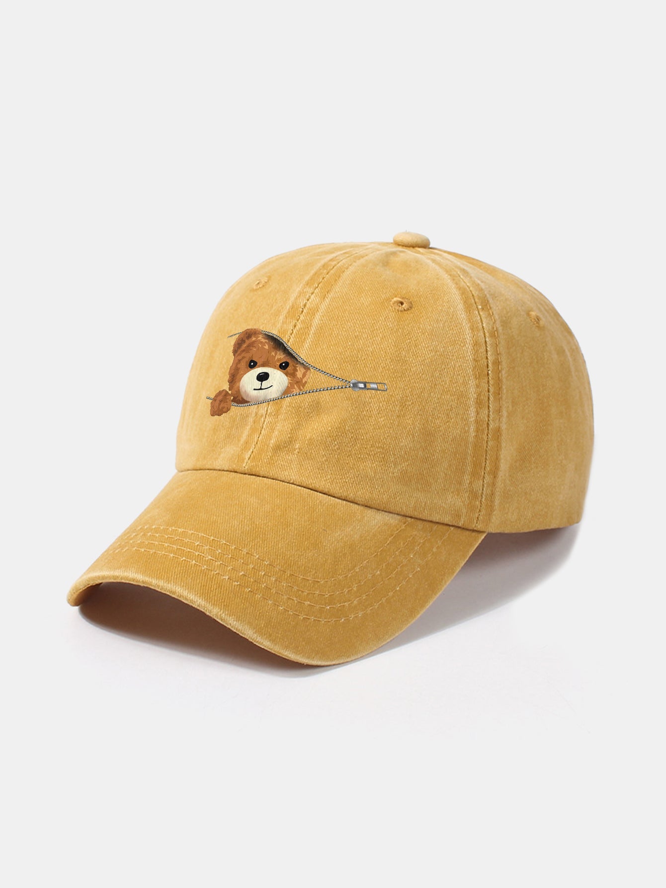 Zipper Bear Pattern Casual Washed Cotton Baseball Cap - Naturzy