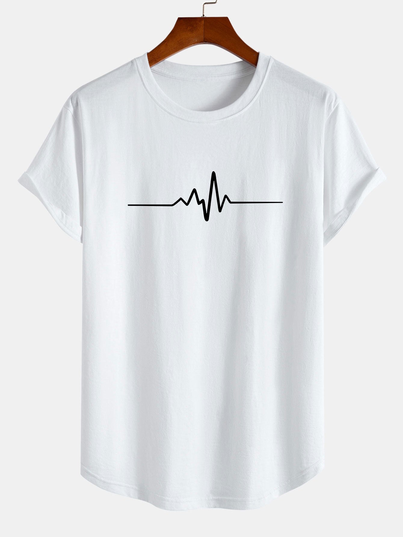 Heartbeat Flatline Print Cotton Arc Hem T-Shirt - Naturzy