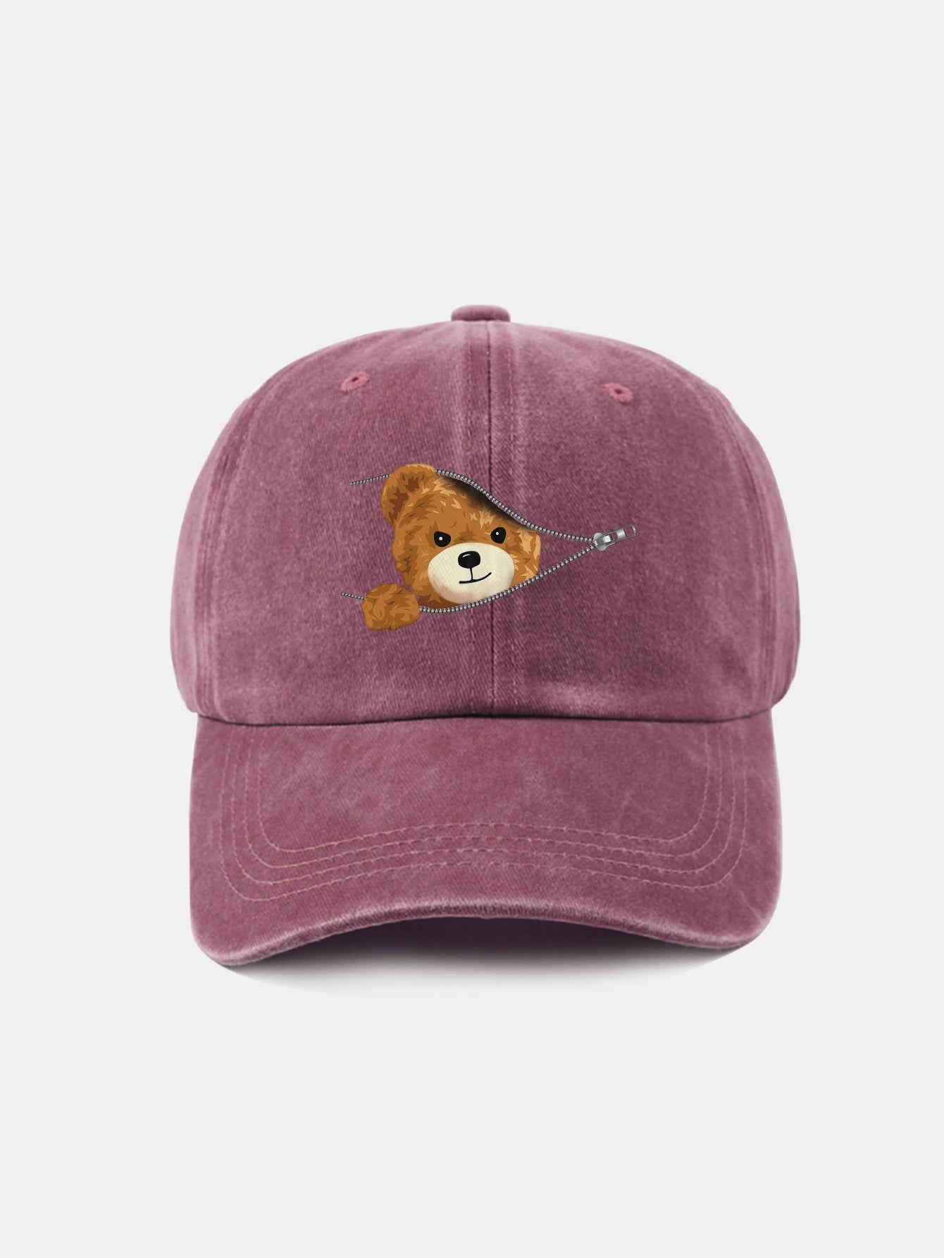Zipper Bear Pattern Casual Washed Cotton Baseball Cap - Naturzy