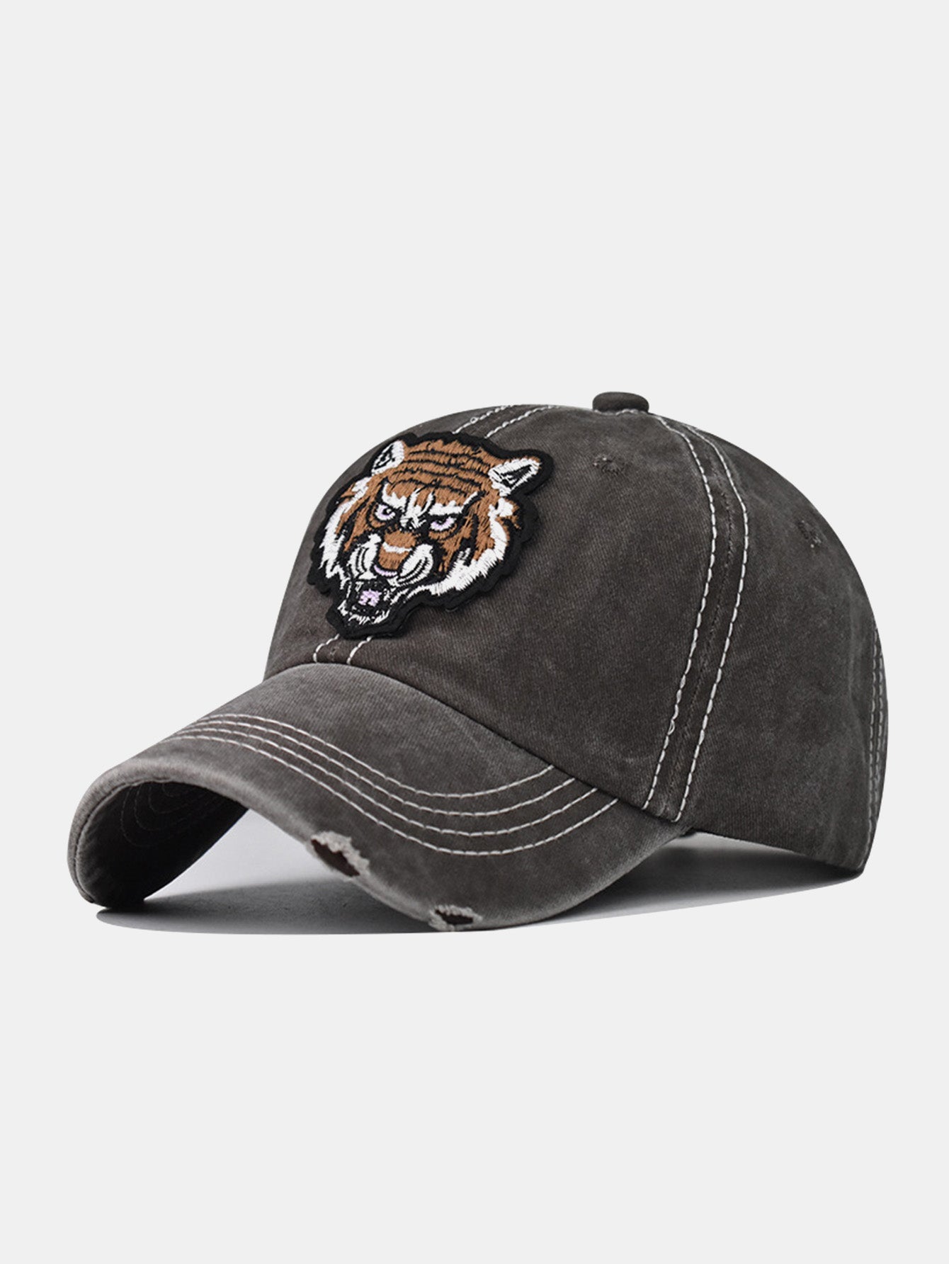 Street Fashion Tiger Embroidery Washed Distressed Baseball Cap - Naturzy
