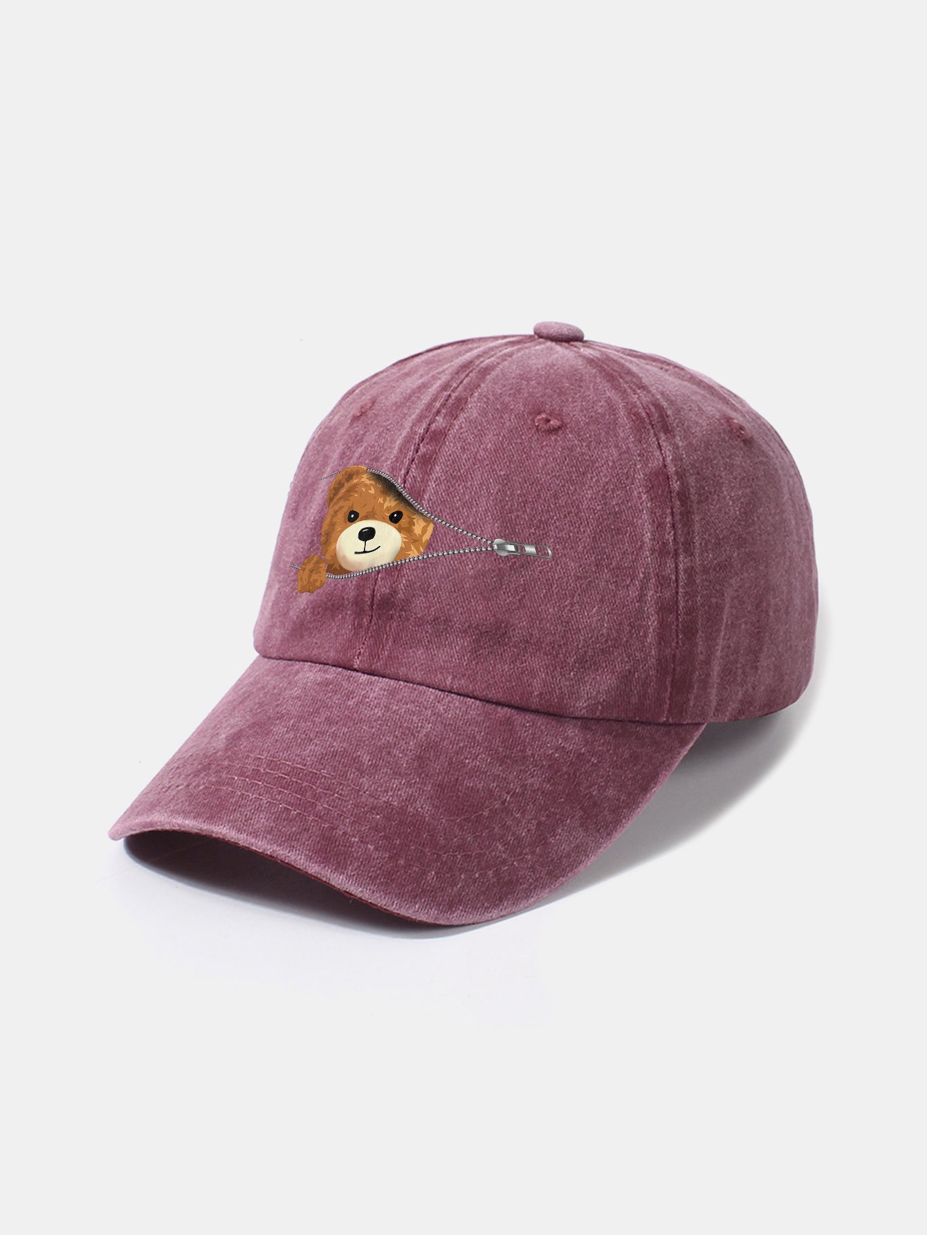 Zipper Bear Pattern Casual Washed Cotton Baseball Cap - Naturzy
