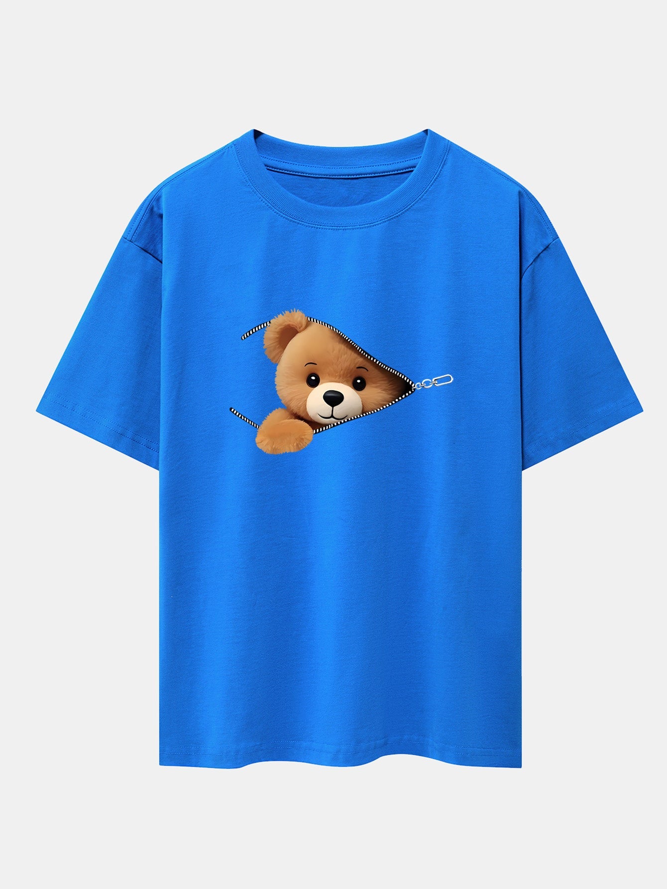 Zipper Bear Print Drop Shoulder Oversize T-Shirt - Naturzy