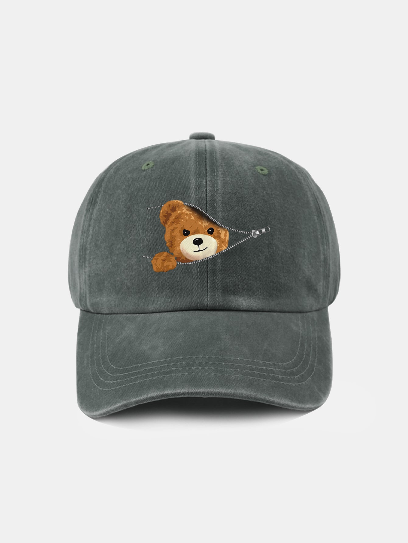 Zipper Bear Pattern Casual Washed Cotton Baseball Cap - Naturzy
