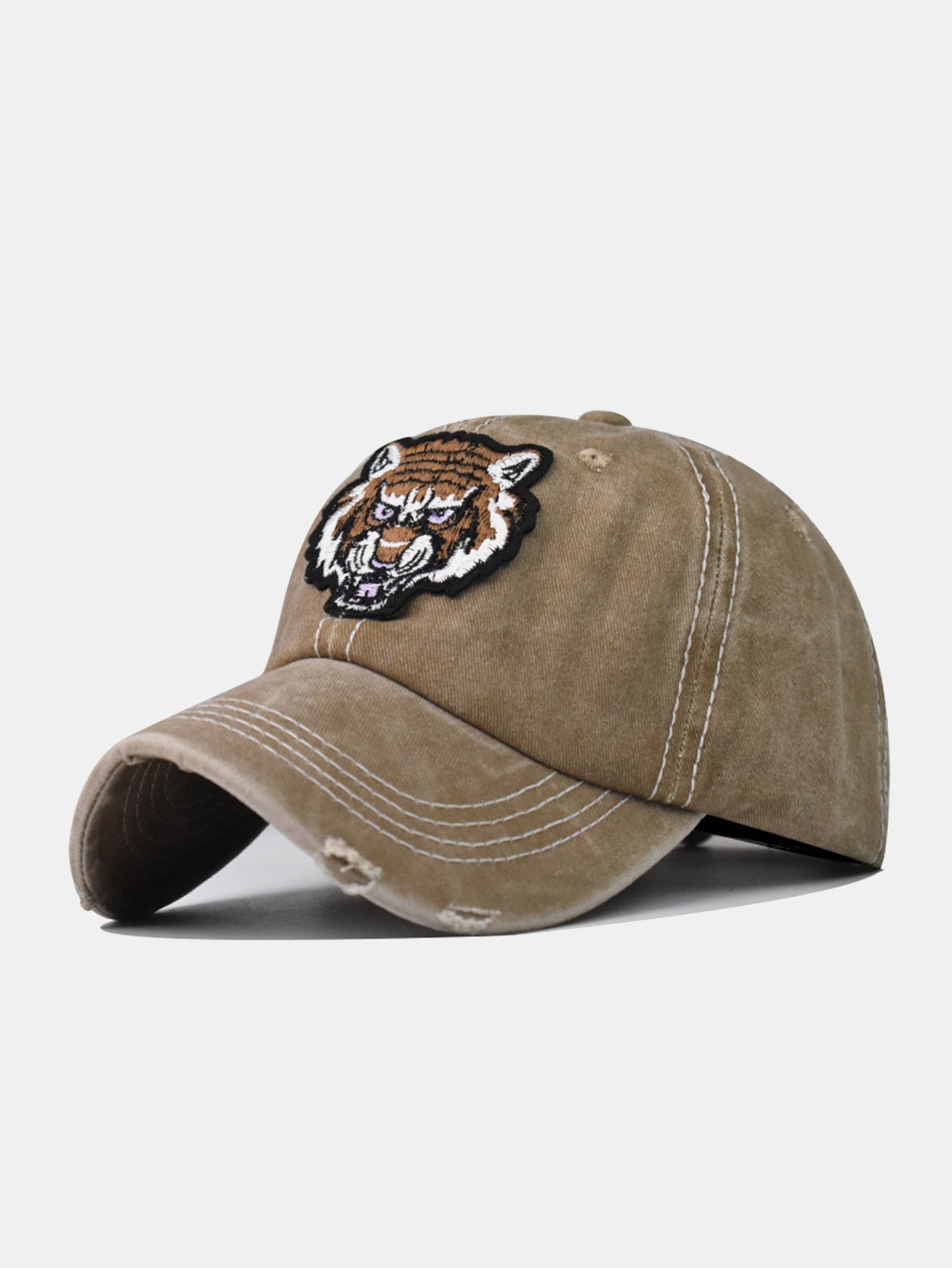 Street Fashion Tiger Embroidery Washed Distressed Baseball Cap - Naturzy