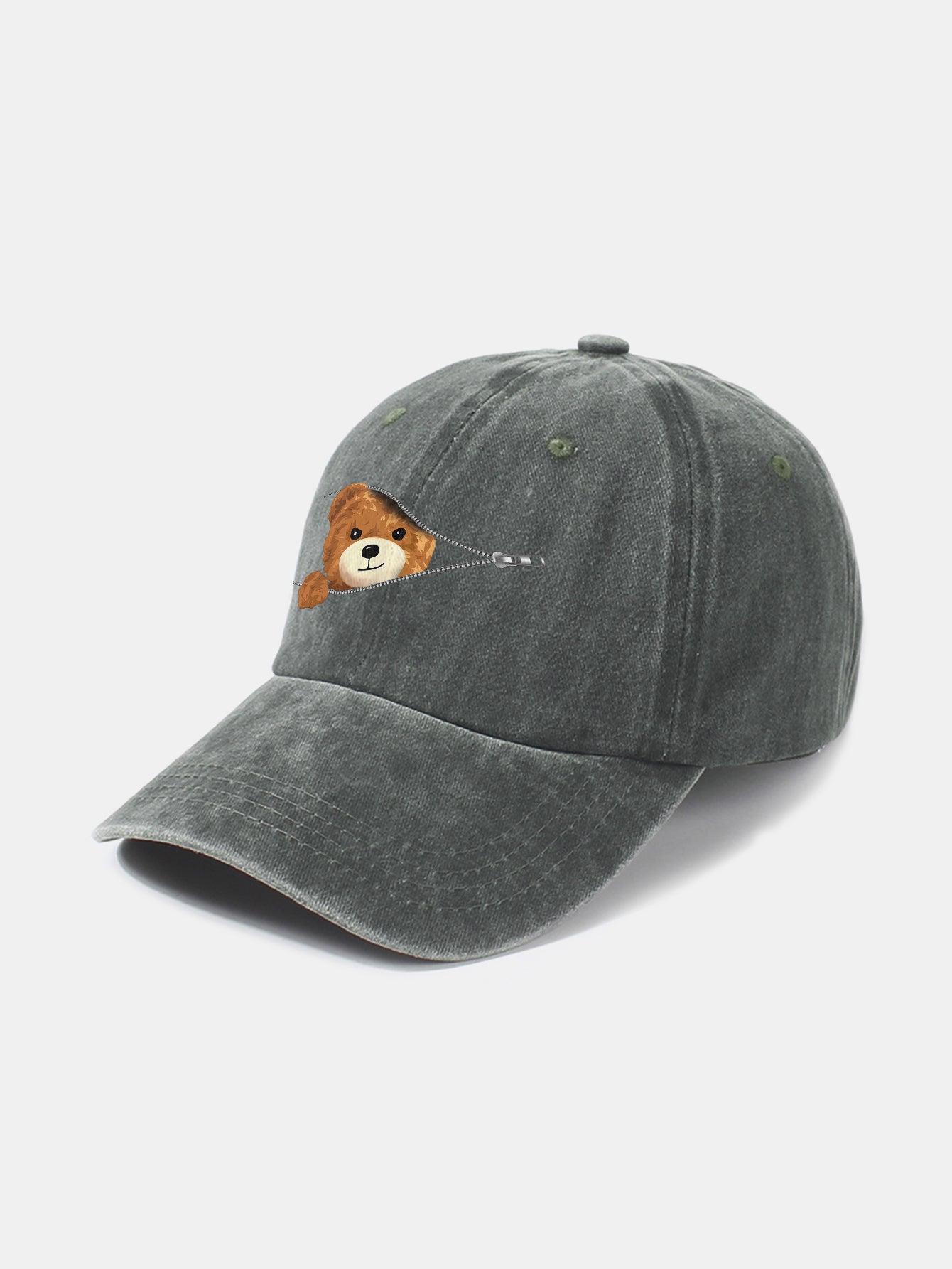 Zipper Bear Pattern Casual Washed Cotton Baseball Cap - Naturzy