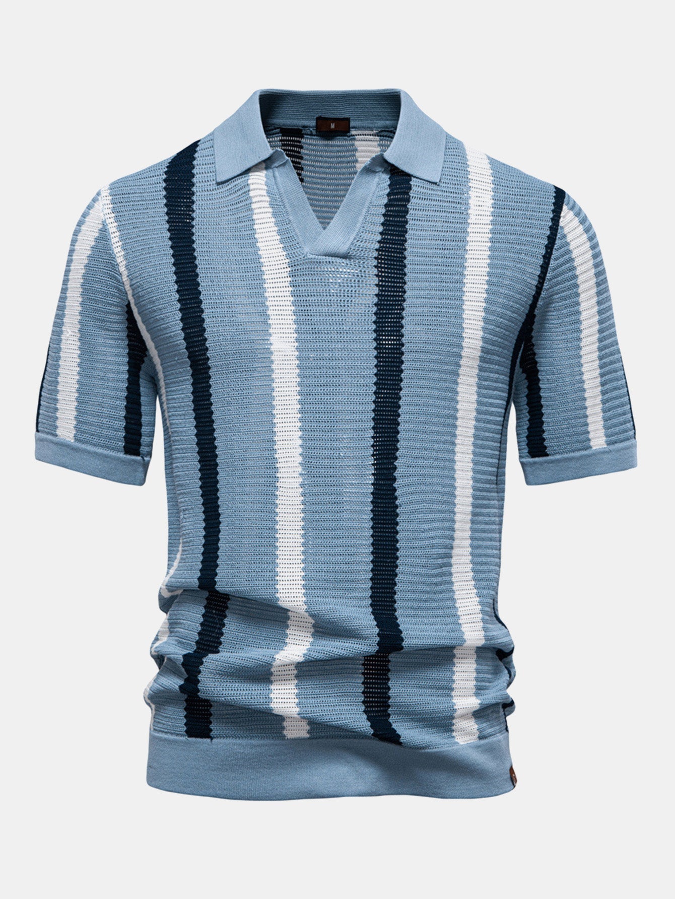 Stripe Knit V Neck Polo Shirt - Naturzy