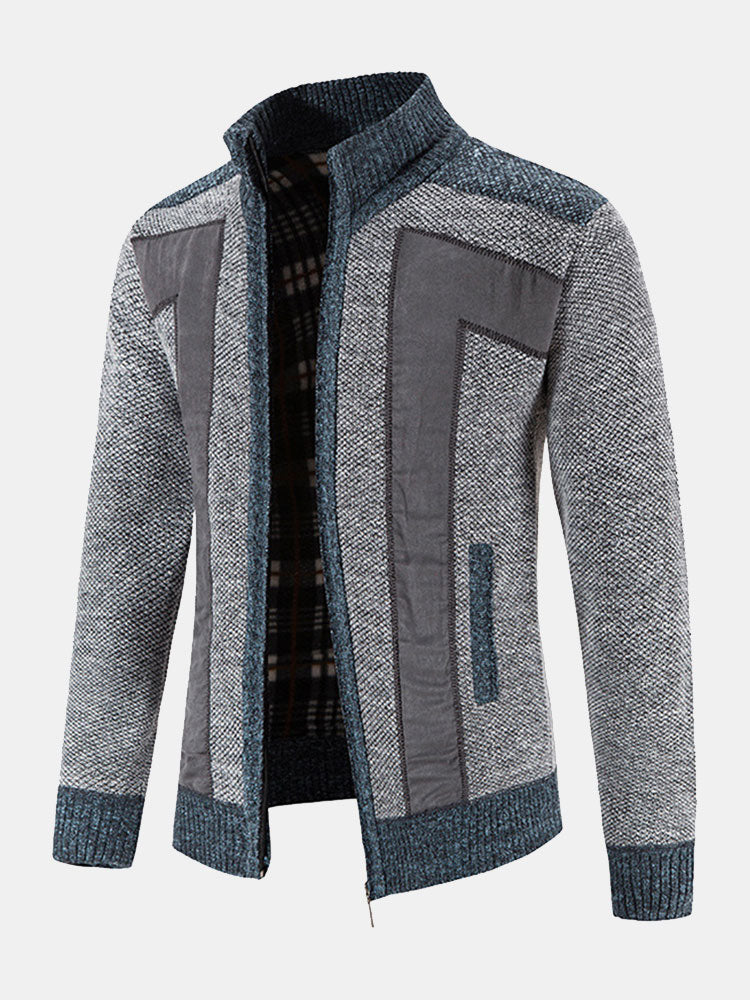 Zip Up Faux Suede Patchwork Sweater - Naturzy