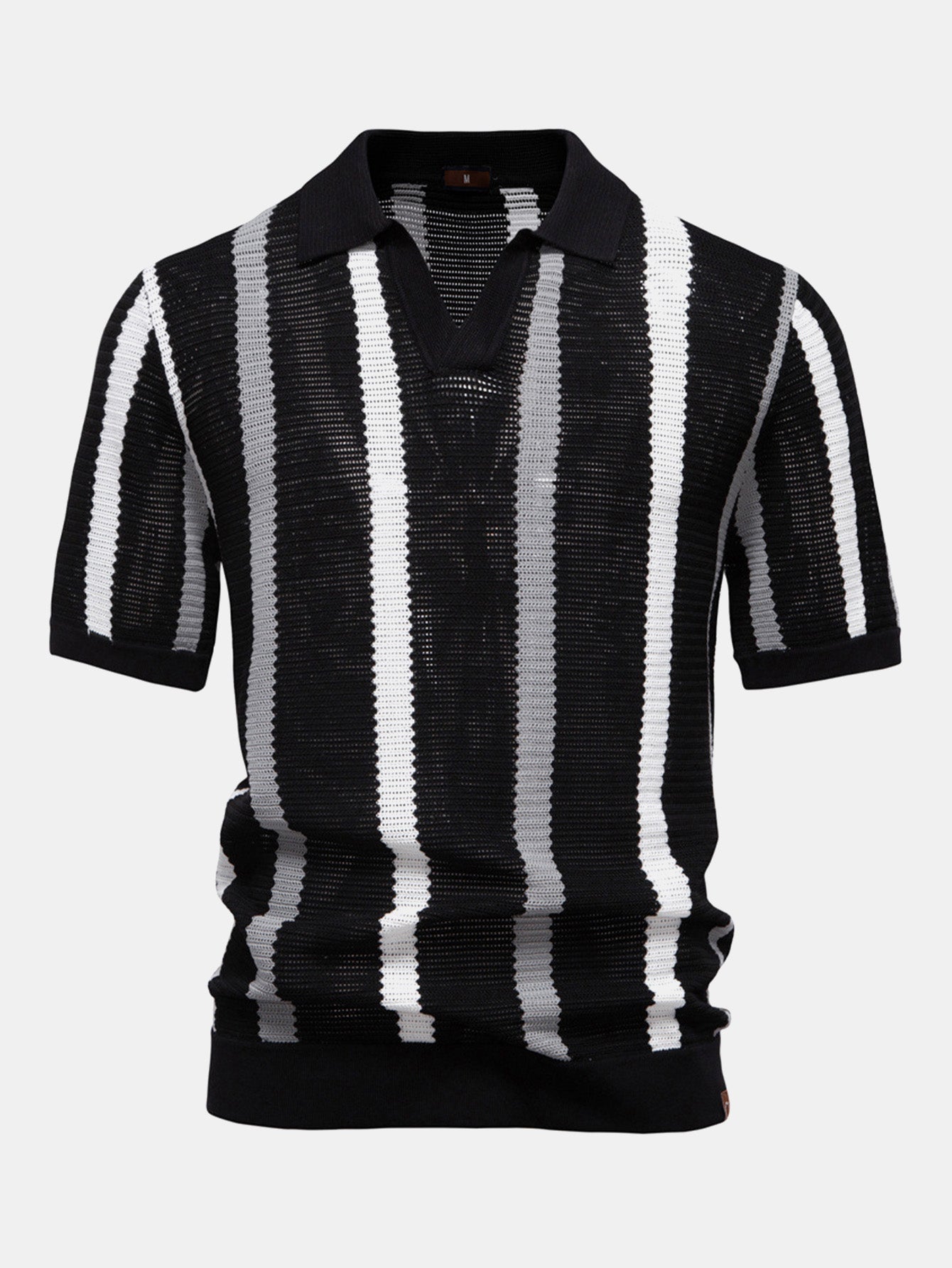 Stripe Knit V Neck Polo Shirt - Naturzy