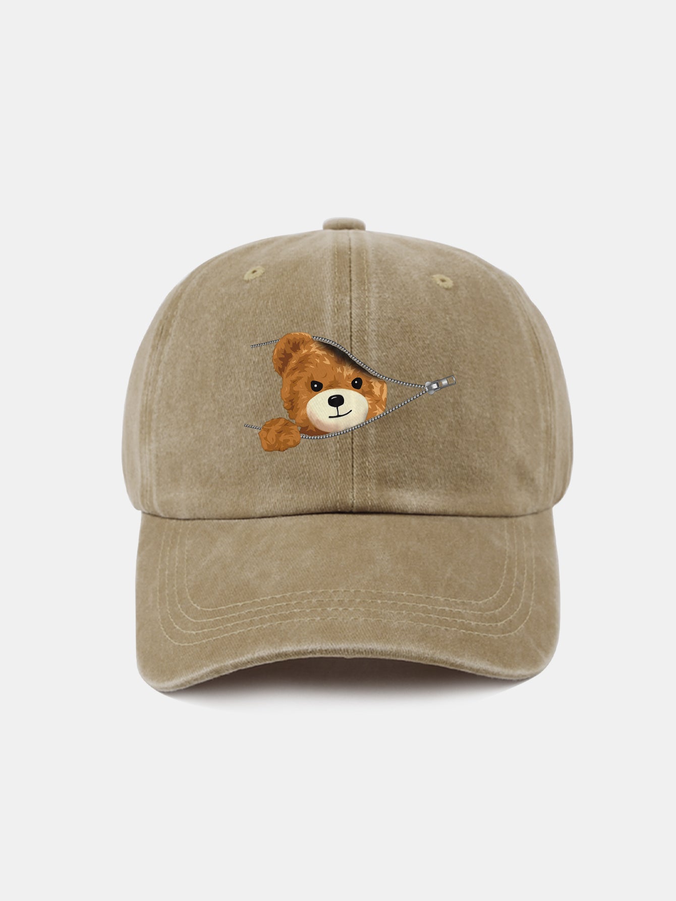 Zipper Bear Pattern Casual Washed Cotton Baseball Cap - Naturzy