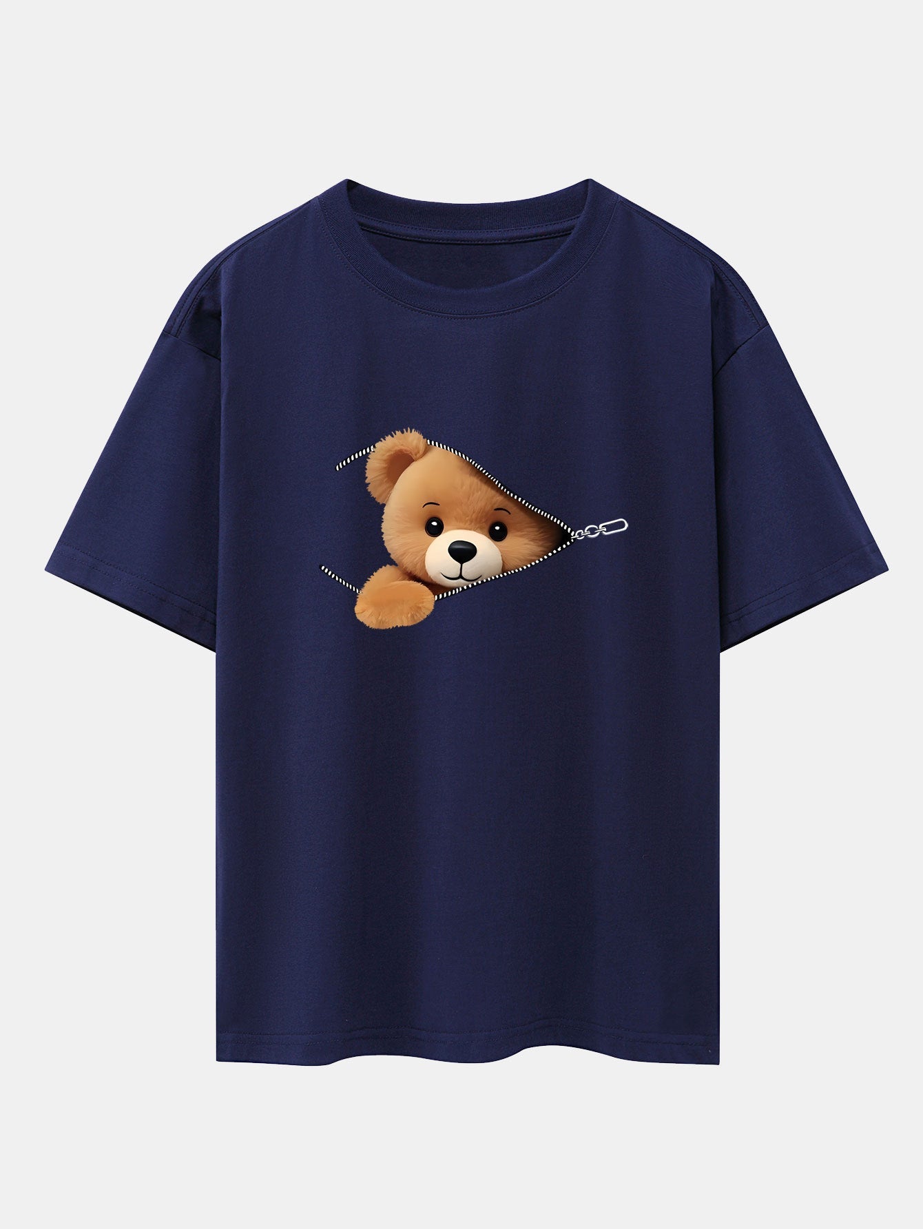 Zipper Bear Print Drop Shoulder Oversize T-Shirt - Naturzy