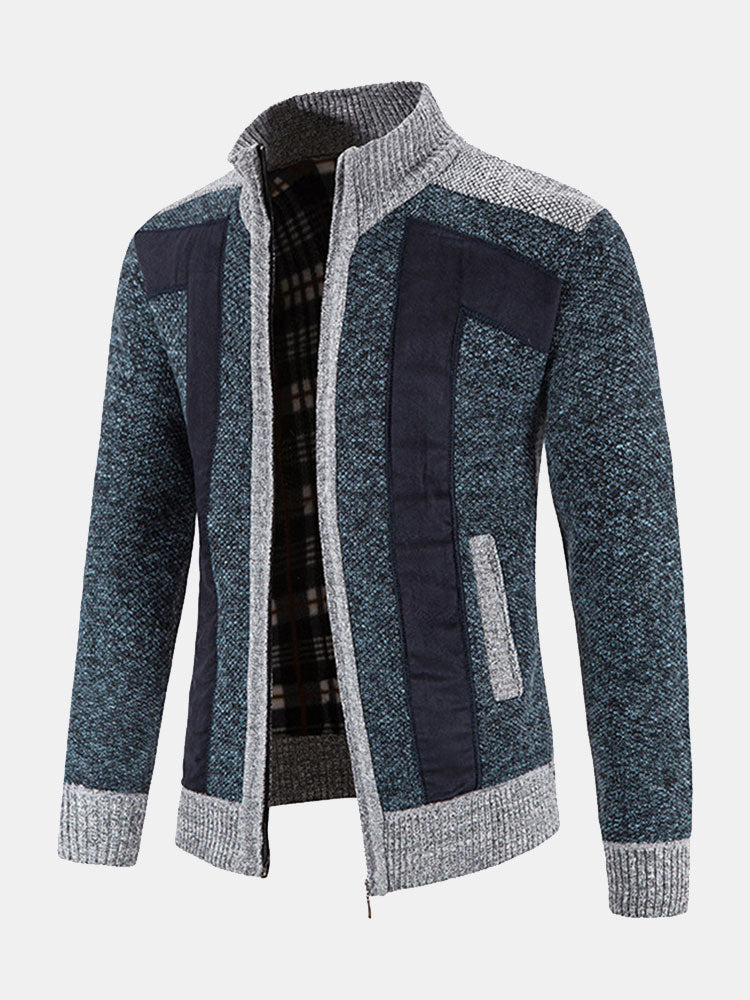 Zip Up Faux Suede Patchwork Sweater - Naturzy
