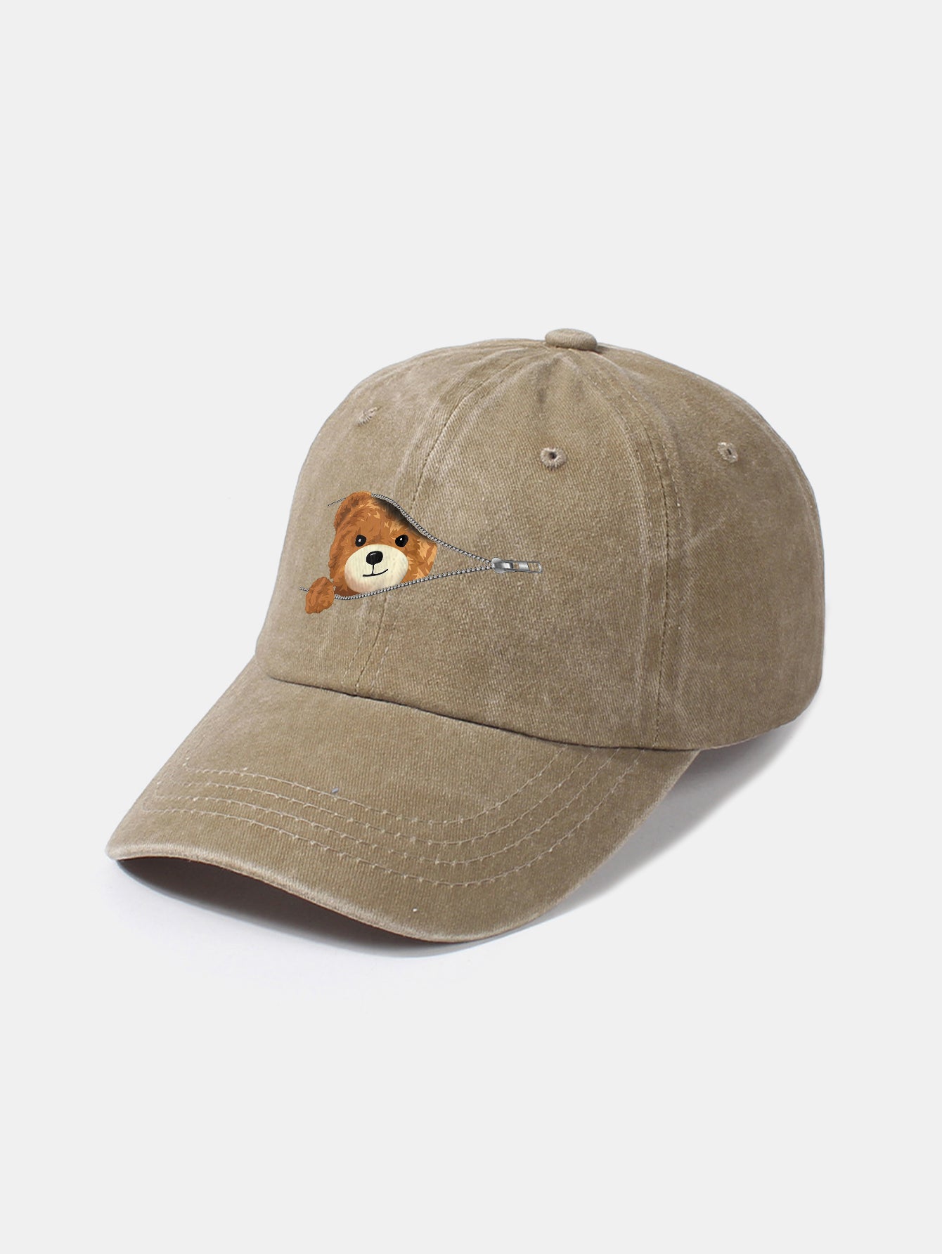 Zipper Bear Pattern Casual Washed Cotton Baseball Cap - Naturzy