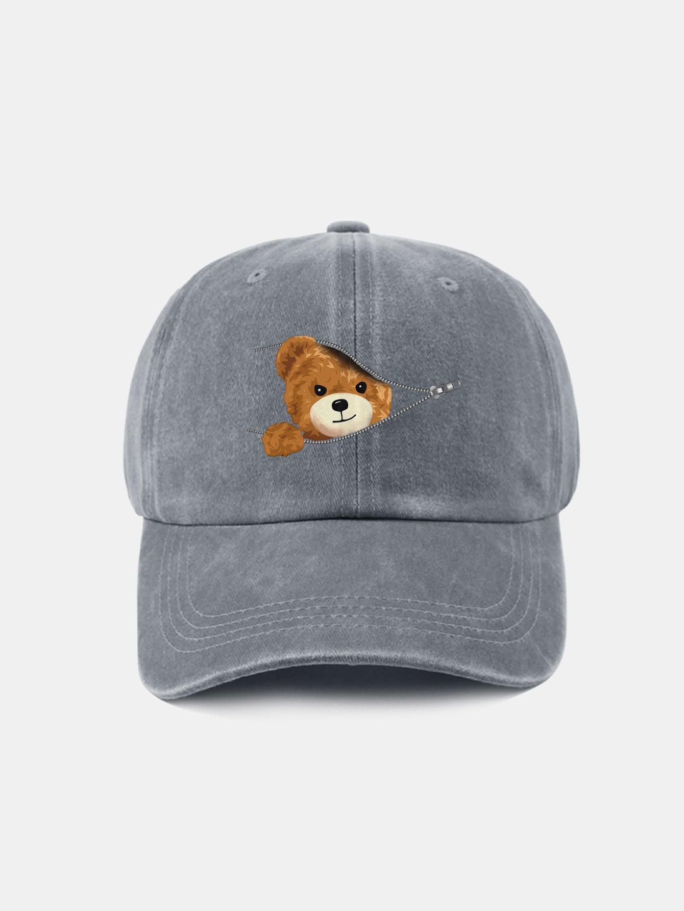 Zipper Bear Pattern Casual Washed Cotton Baseball Cap - Naturzy