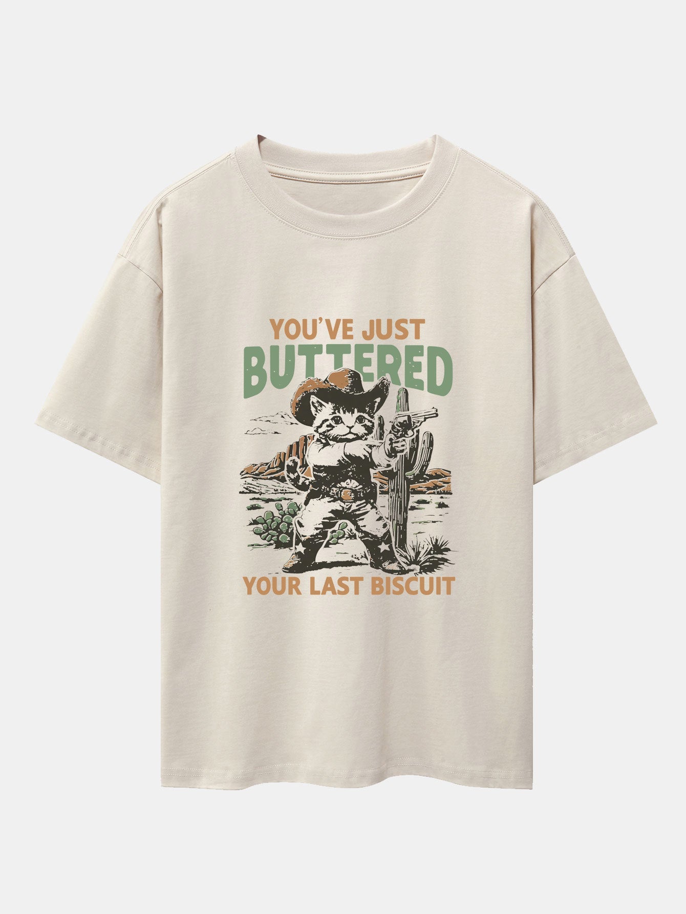 Cowboy Cat Print Drop Shoulder Oversize T-Shirt - Naturzy