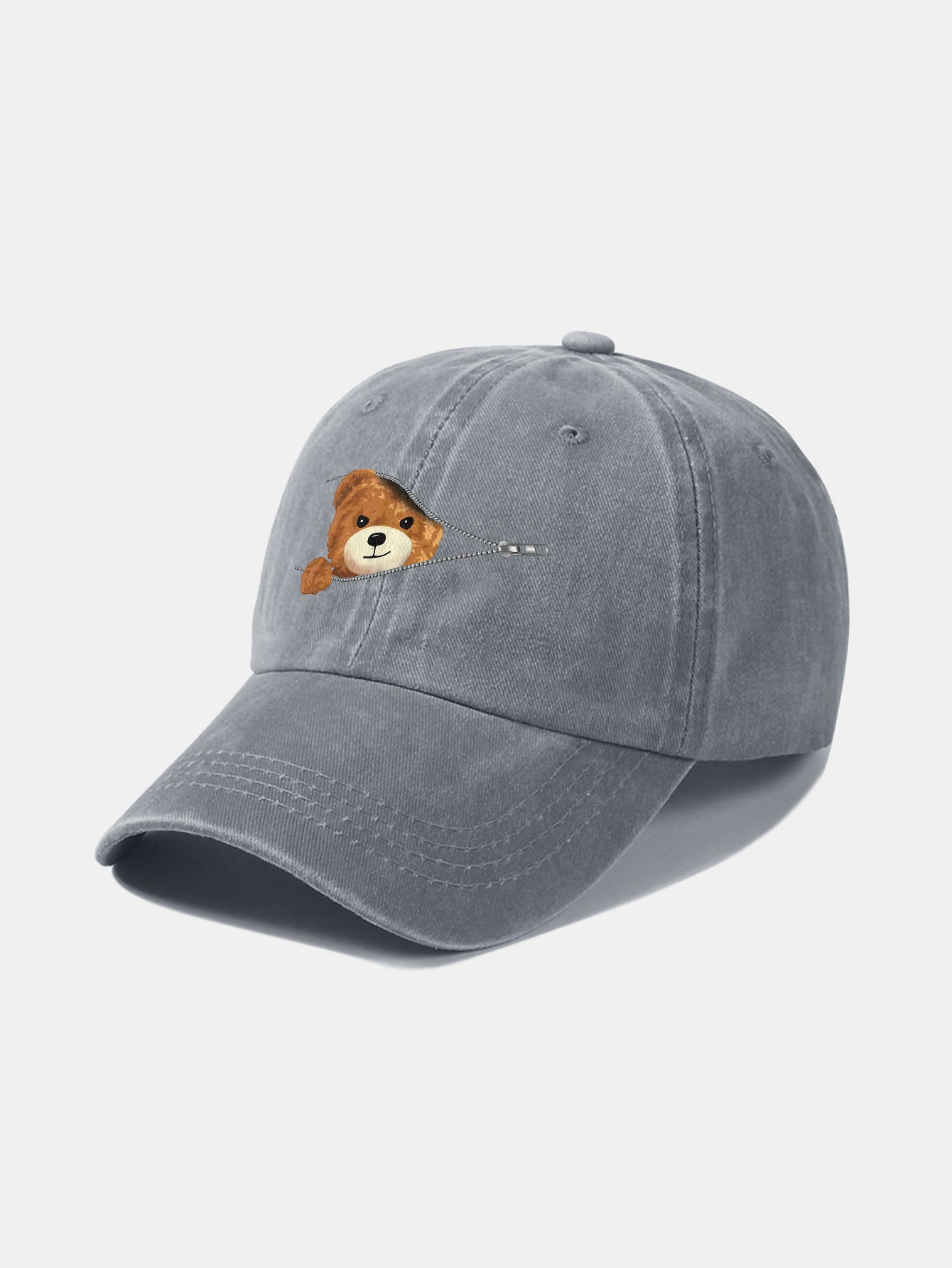 Zipper Bear Pattern Casual Washed Cotton Baseball Cap - Naturzy